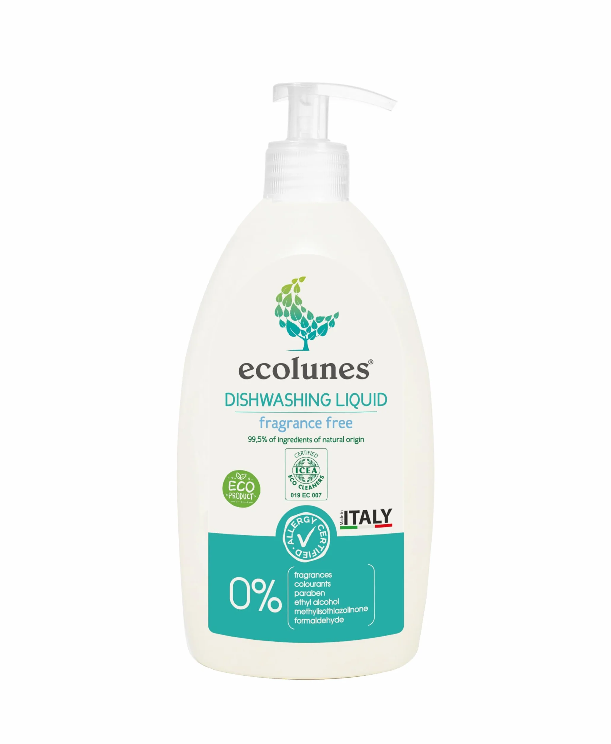 Ecolunes Dishwashing Liquid Fragrance Free hipoalergiczny, bezzapachowy płyn do mycia naczyń, w 99,5% z naturalnych składników, stworzony specjalnie dla osób o wrażliwej skórze, 500ml