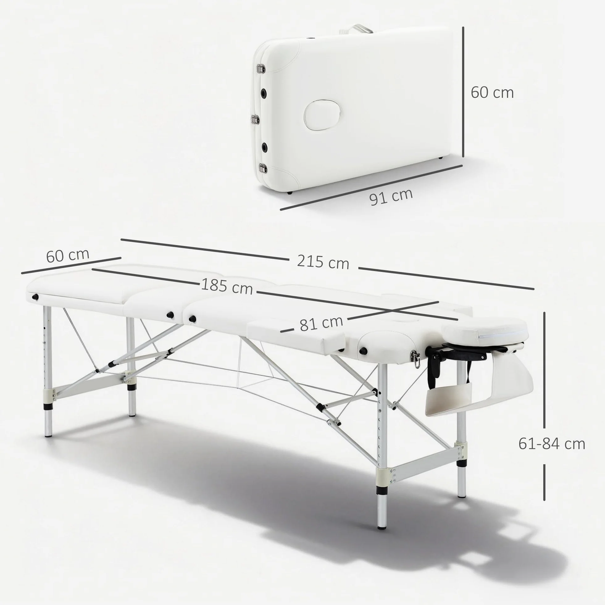 HOMCOM Stół do masażu składany z regulacją wysokości aluminium biały 215x81x61-84 cm