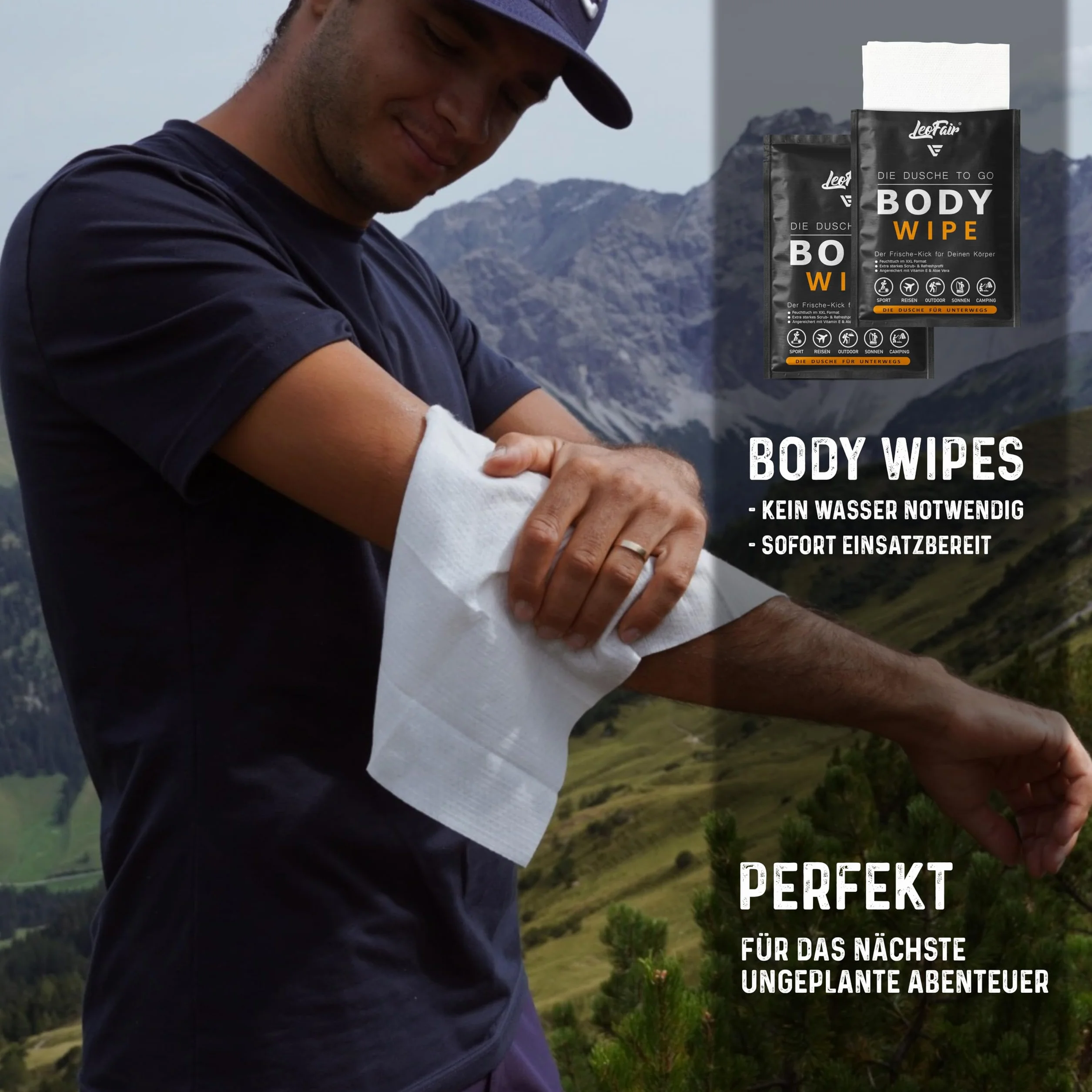 Body Wipes jednorazowe ściereczki XXL – wilgotne ściereczki do mycia w podróży, na kemping, festiwal i w podróży – 10 dużych chusteczek nawilżanych pakowanych pojedynczo do twarzy i ciała