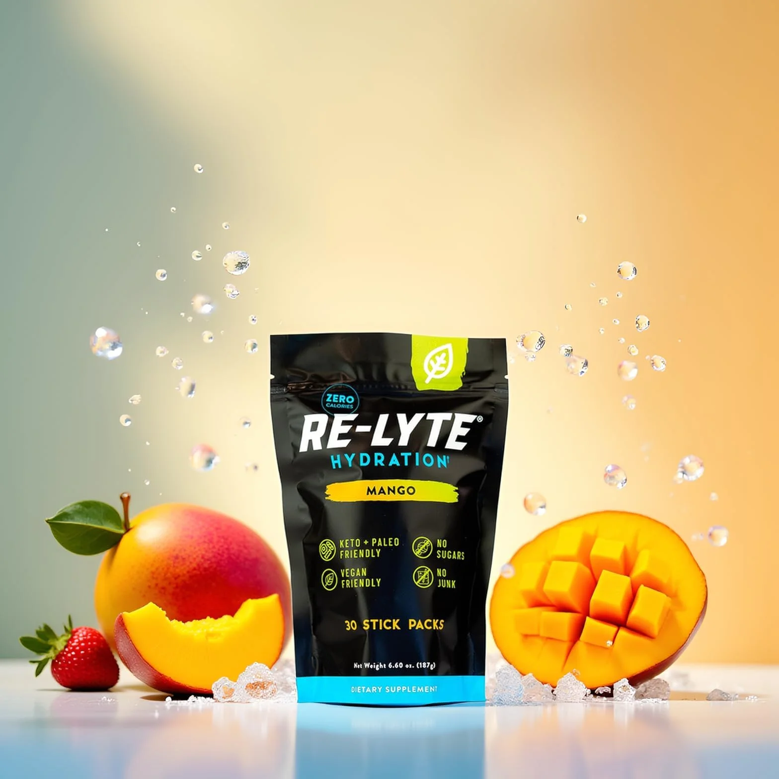 Obraz produktu REDMOND Re-Lyte ELECTROLYTE Drink Mix Mango Bag 30 x 6,3 g saszetka - proszek elektrolitowy, bez cukru, z prawdziwą solą Redmond i ponad 60 ważnymi minerałami i pierwiastkami śladowymi
