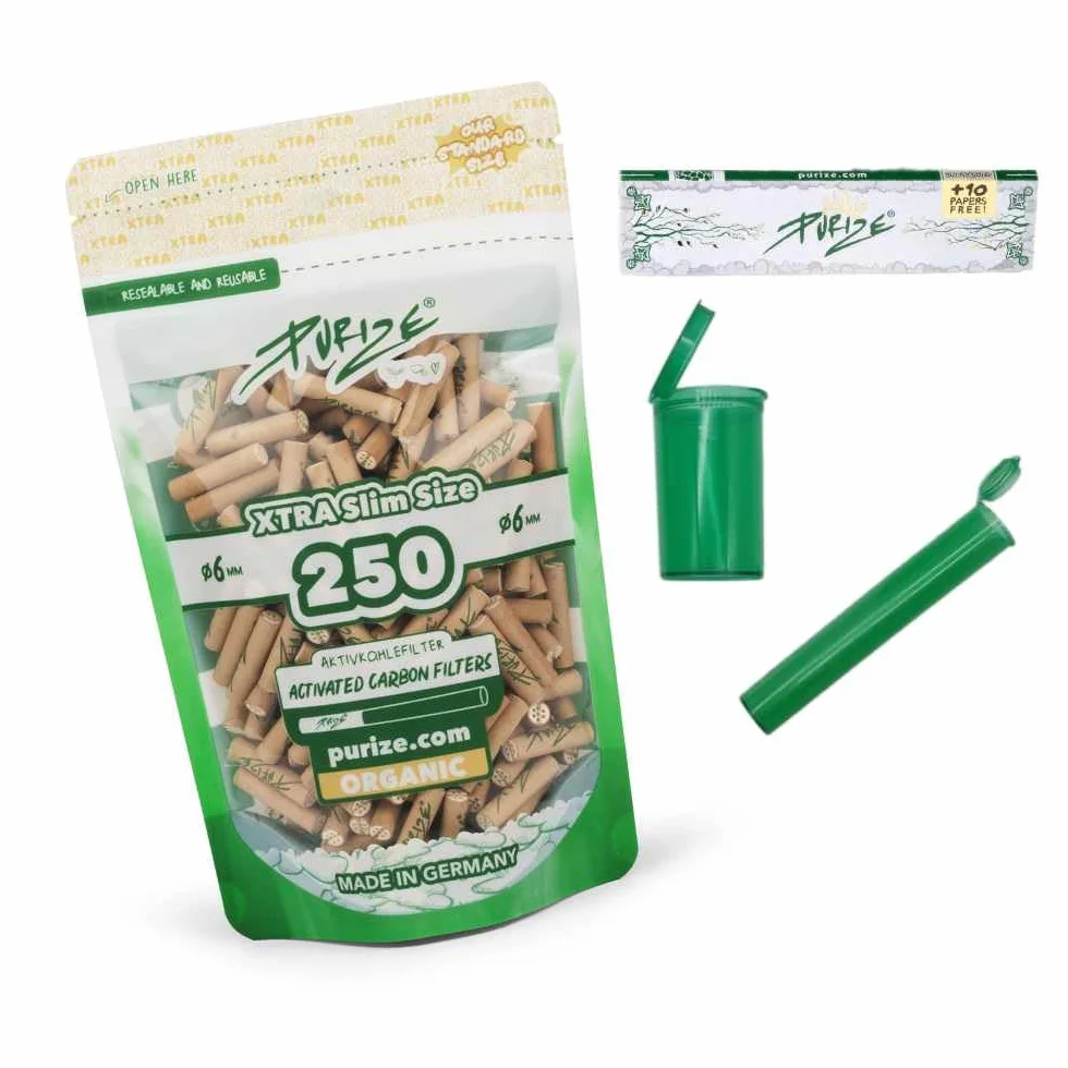 PURIZE 250 sztuk filtrów XTRA Slim Size 6 mm (5,9 mm) z węglem aktywnym z 2 ceramicznymi nakładkami, w zestawie joint tube, puszeczki Popup, papierowe i 1/5 naklejek (Organic)