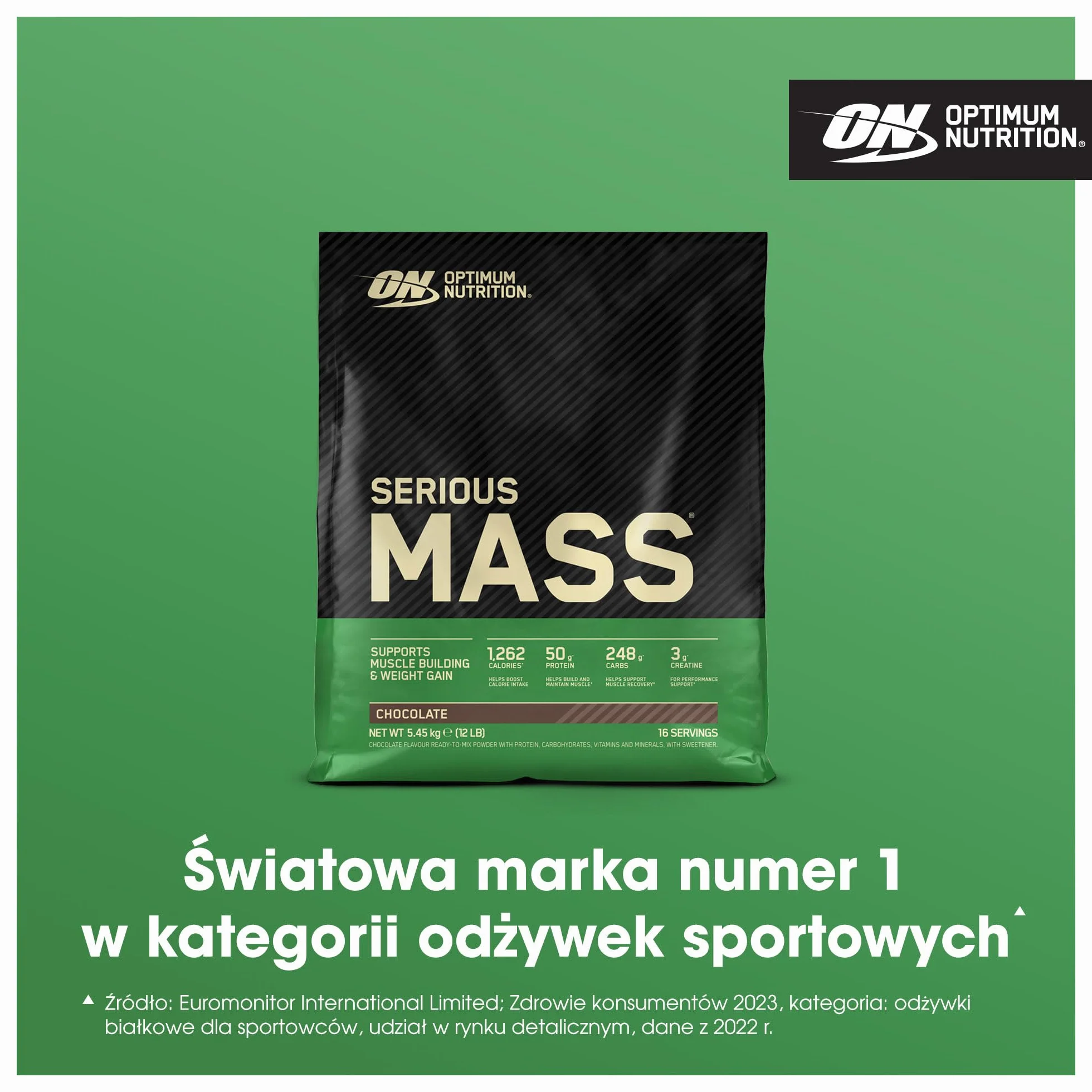 Optimum Nutrition Serious Mass Wysokokaloryczna Odżywka Białkowa, Gainer na Wzrost Masy Mięśniowej, 25 Witamin i Minerałów, Monohydrat Kreatyny i Glutamina, Smak Czekoladowy, 16 Porcji, 5,45 kg