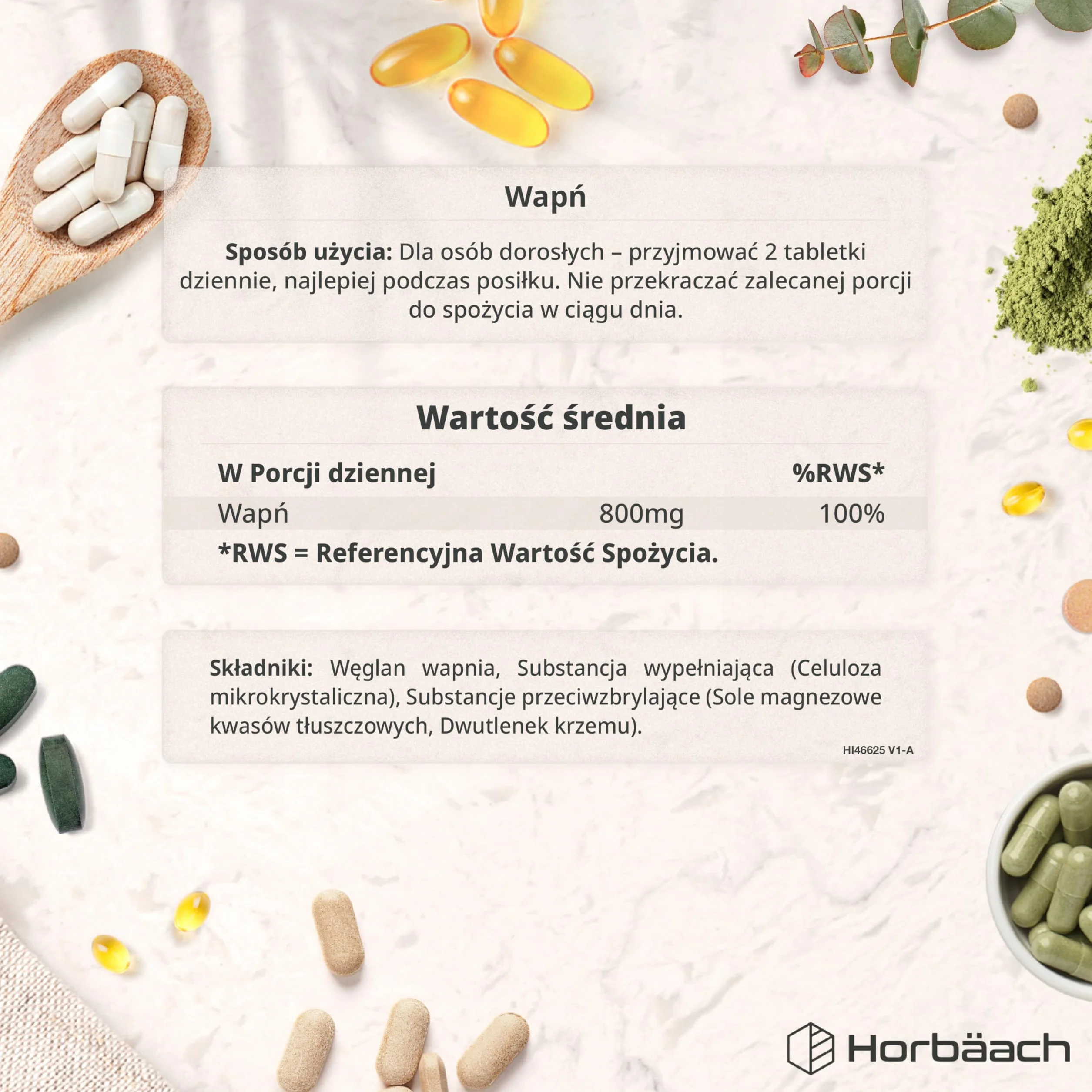 Wapń Tabletki 800mg | Wysoka Dawka Węglanu Wapnia | Suplement Dla Kobiet i Mężczyzn | 180 Wegańskich Tabletek | marki Horbaach
