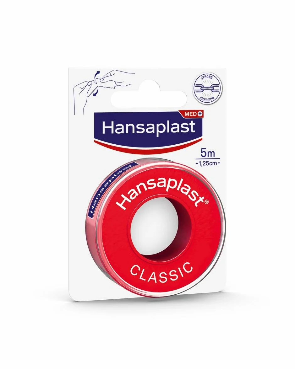 Hansaplast Fixation Plaster Classic 5 m x 1,25 cm, łatwa do zerwania taśma o silnej przyczepności + Classic 5 m x 2,5 cm, szeroka rolka gipsu do bezpiecznego mocowania bandaży