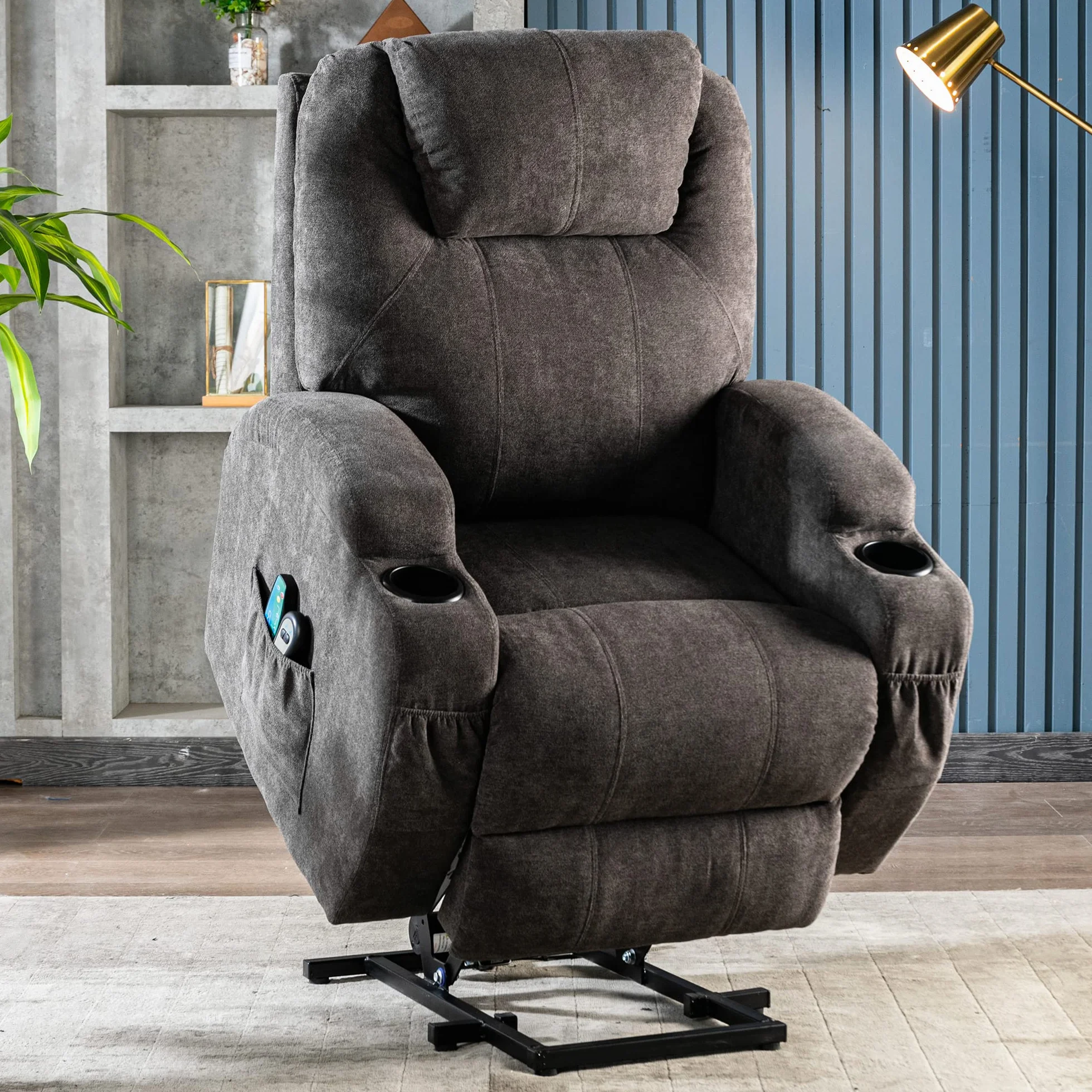 Power Lift Fotel do masażu dla osób starszych, elektryczny fotel podnoszący z ciepłem i masażem, sofa z tkaniny z 2 uchwytami na kubki, boczne kieszenie sterujące do salonu, dostępne w Irlandii