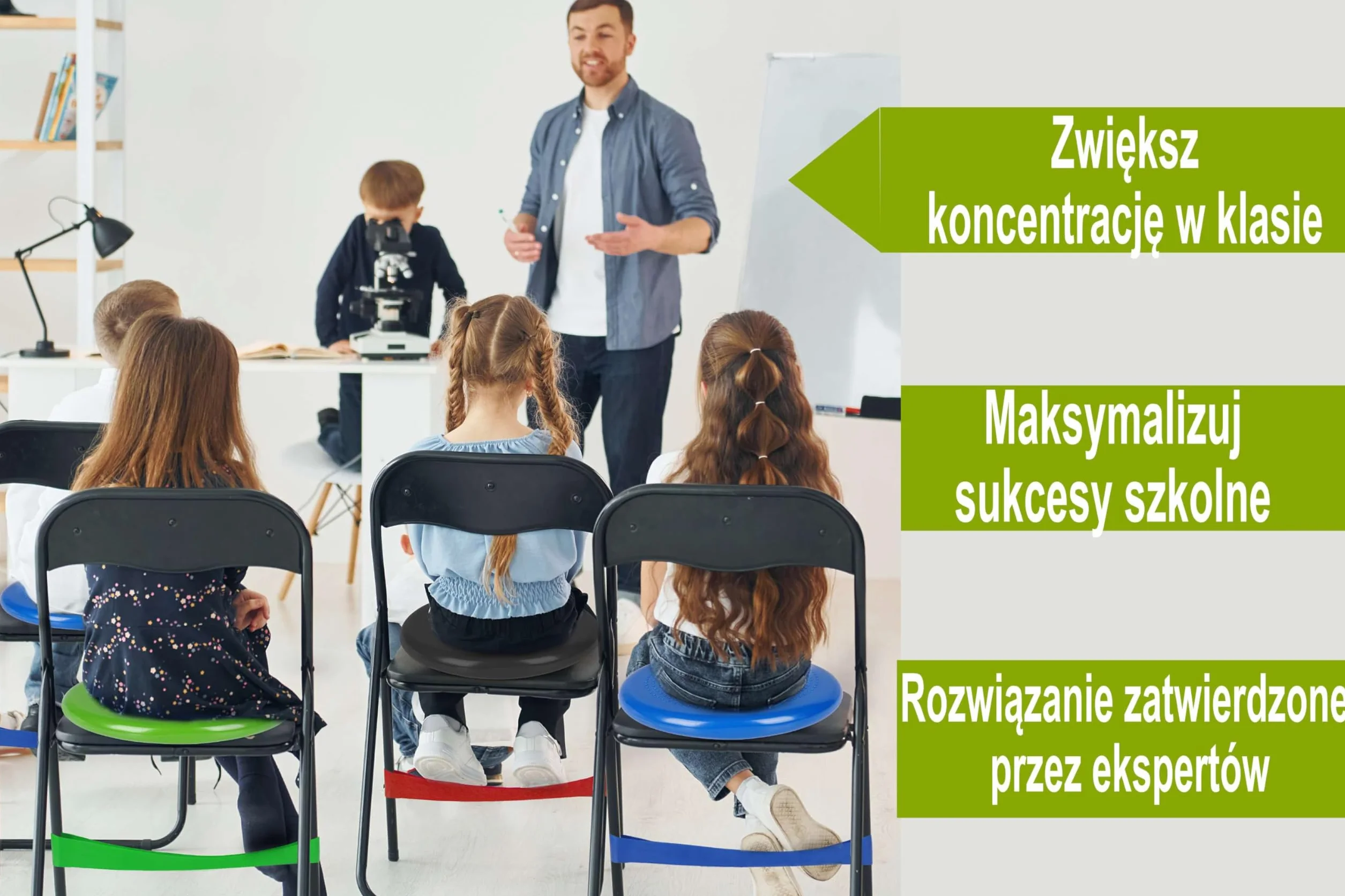 4 elastyczne taśmy na krzesło dla dzieci z ADHD, Gwarantowane skupienie i spokój, Bezpieczny materiał z naturalnego lateksu, eBook "ADHD u Dzieci" w zestawie