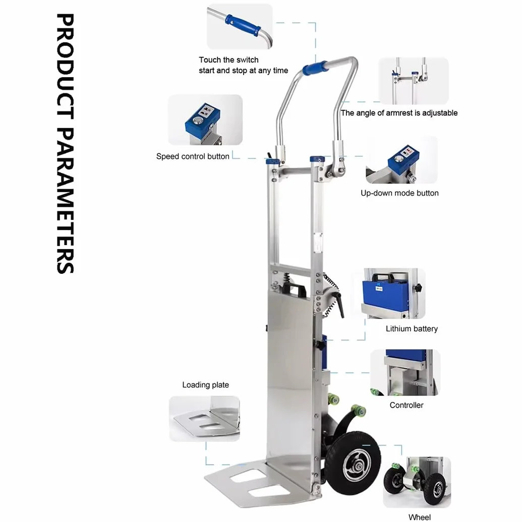 elektryczny wspinacz schodowy, z wysuwanym uchwytem, silnik bezszczotkowy, składany wózek na kółkach, kółka, wózek dolly, nośność 200 kg / 440 kg A