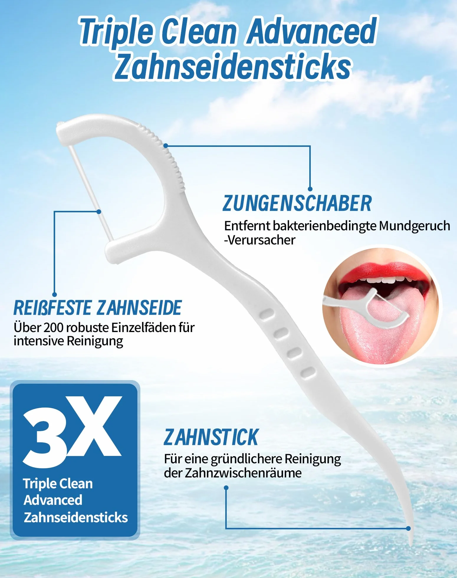 Nić dentystyczna w sztyfcie, 400 sztuk, 3 x czyszczenie zębów, nić dentystyczna, patyczki do pielęgnacji zębów 3 w 1, wykałaczki, skrobak na język, zapobiega nieświeżemu oddechowi i do usuwania płytki