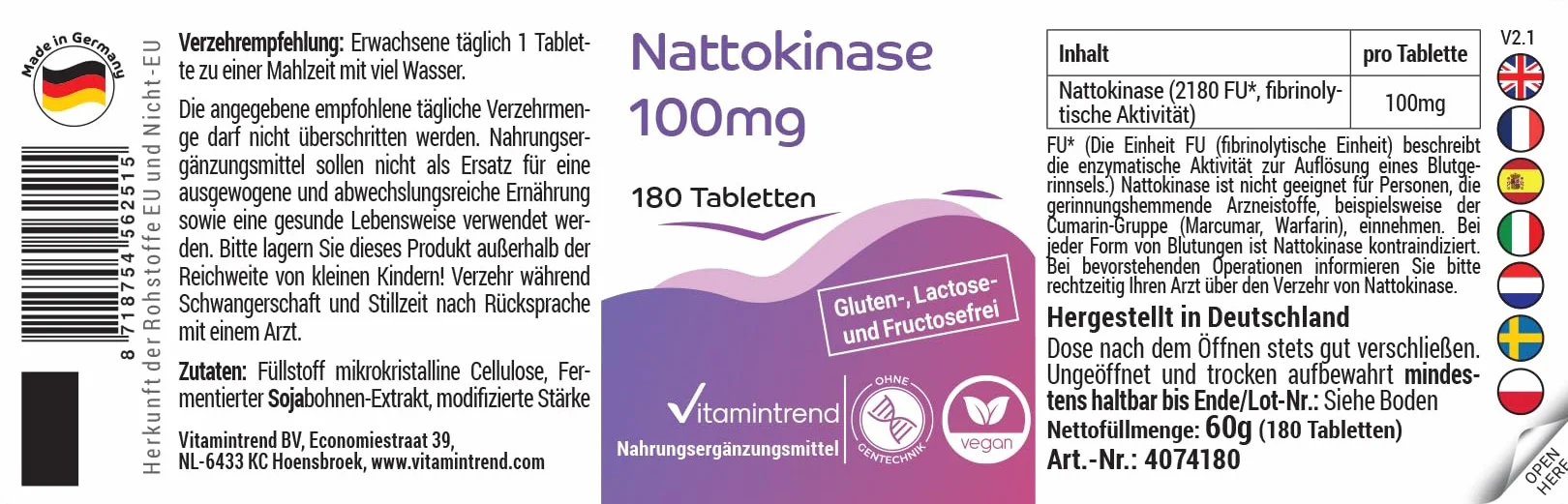 Vitamintrend Nattokinase 100mg, 180 tabletek po 100mg (21.800 FU/g), wysoka dawka, wegański, bez stearynianu magnezu, wyprodukowany w Niemczech
