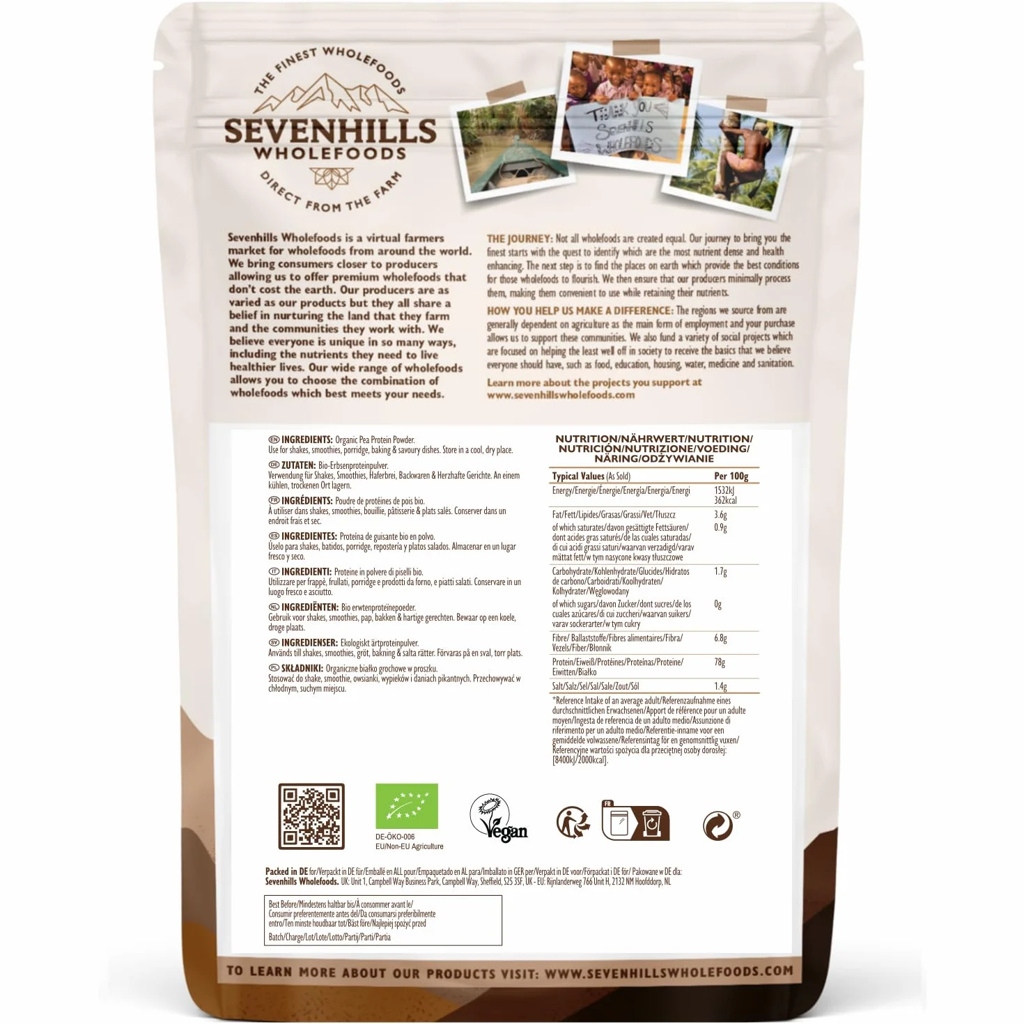 Sevenhills Wholefoods Organiczny proszek białkowy grochu 1,8 kg - bez smaku - 78% białka - wegański, koszerny, bez GMO