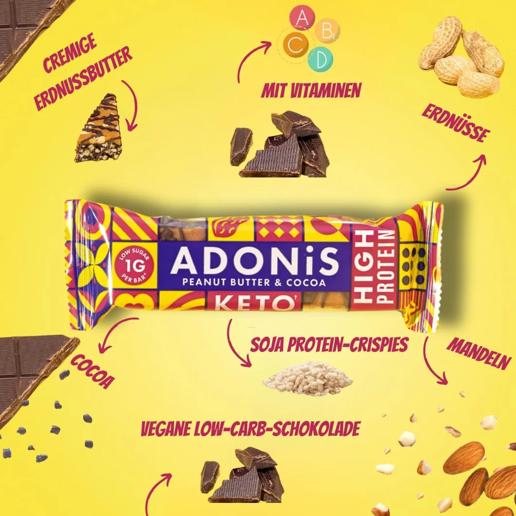 Adonis Keto Protein Bars Peanut Butter & Chocolate Low Carb High Protein Vegan Gluten Free Paleo Box 16