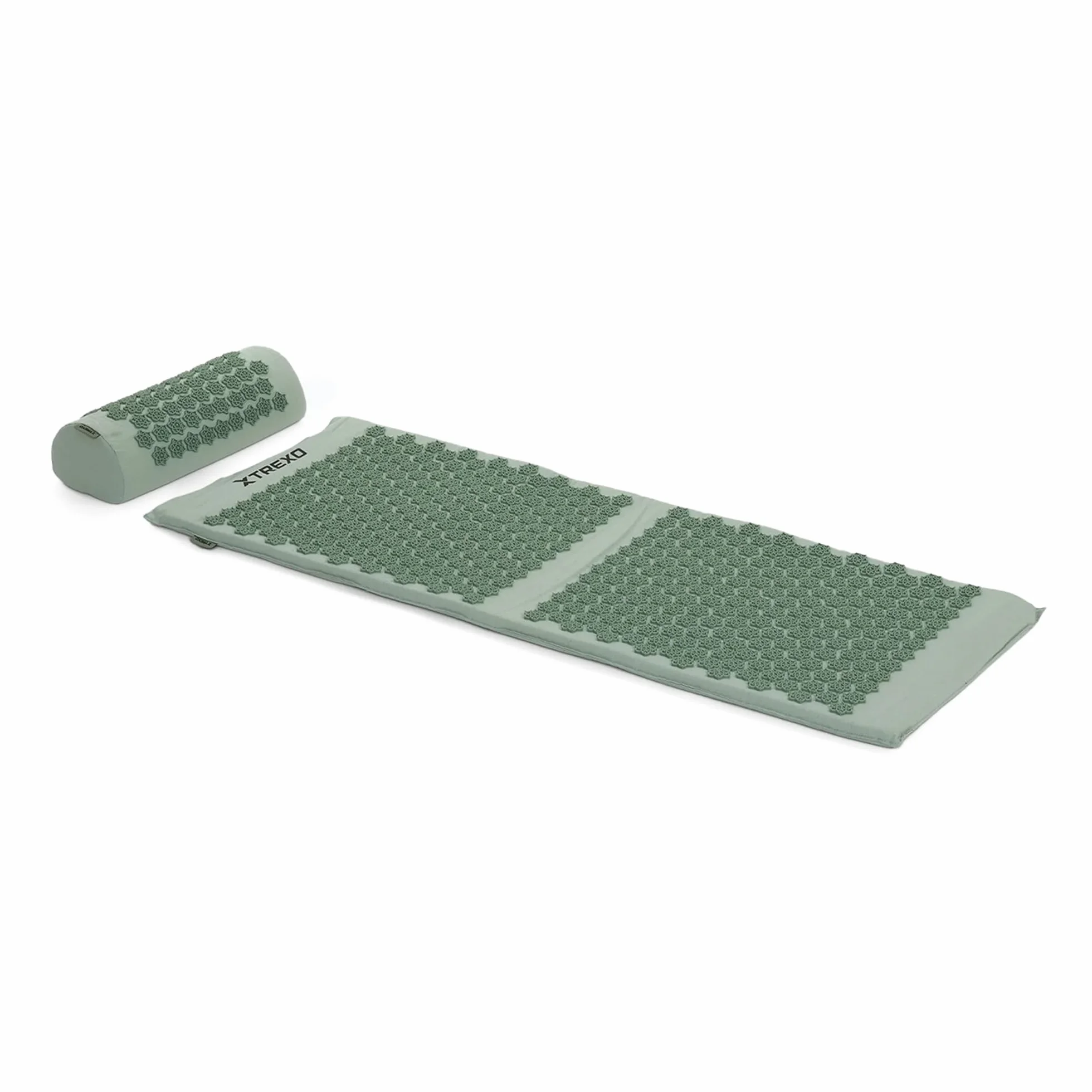 XTREXO Duża mata do akupresury z poduszką w kolorze zielonym 110 x 44 x 2 cm z poduszką 38 x 15 cm łącznie z poszewką z bawełny i gąbki 18D, odporna na ścieranie kolce z PCW, łagodzi napięcie mięśni