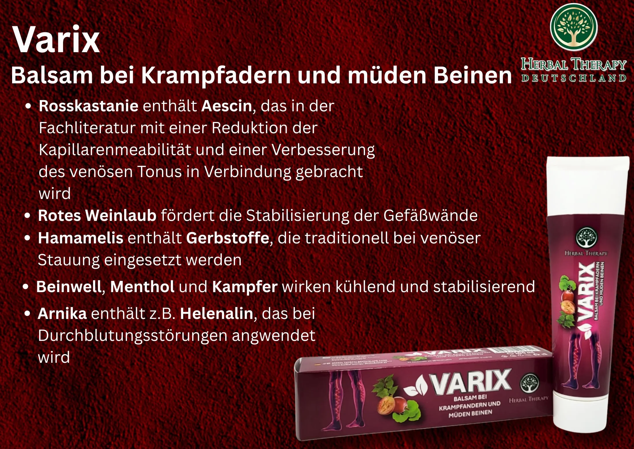 VARIX balsam do żył – 100% naturalny krem ziołowy z kasztanowcem, miłorzębem japońskim i diosminą – przeciw żylakom, zmęczonym i ciężkim nogom – chłodzący, wspomaga krążenie krwi – 100