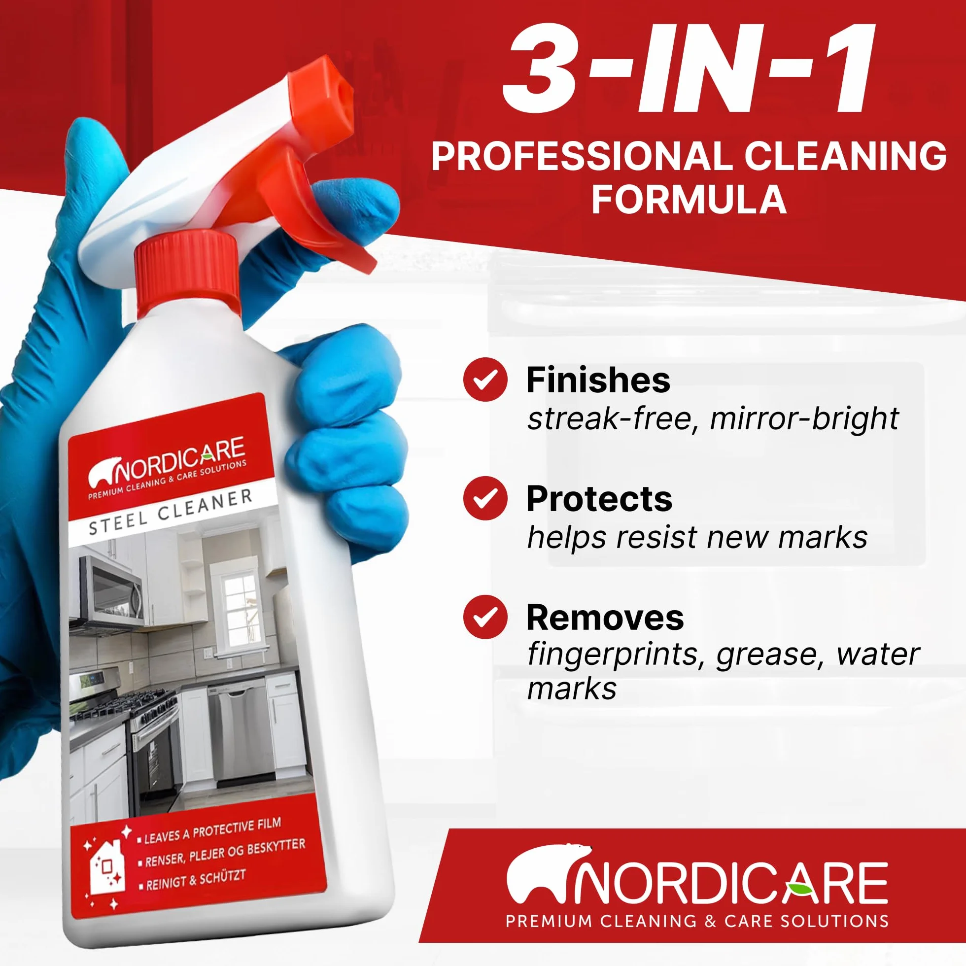 Nordicare środek do czyszczenia stali nierdzewnej [500 ml] Spray do pielęgnacji stali nierdzewnej do skutecznego czyszczenia I Usuwa tłuszcz i zanieczyszczenia