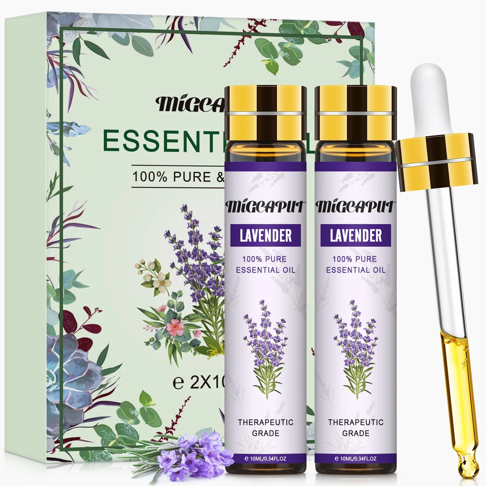 MIGCAPUT Zestaw Olejków Eterycznych z Lawendy 2 x 10ML, Olejek Lawendowy Klasy Terapeutycznej, 100% Naturalny Olejki Aromaterapeutyczny do Dyfuzory Nawilżacza, SPA, Masażu, Snu, Mydła