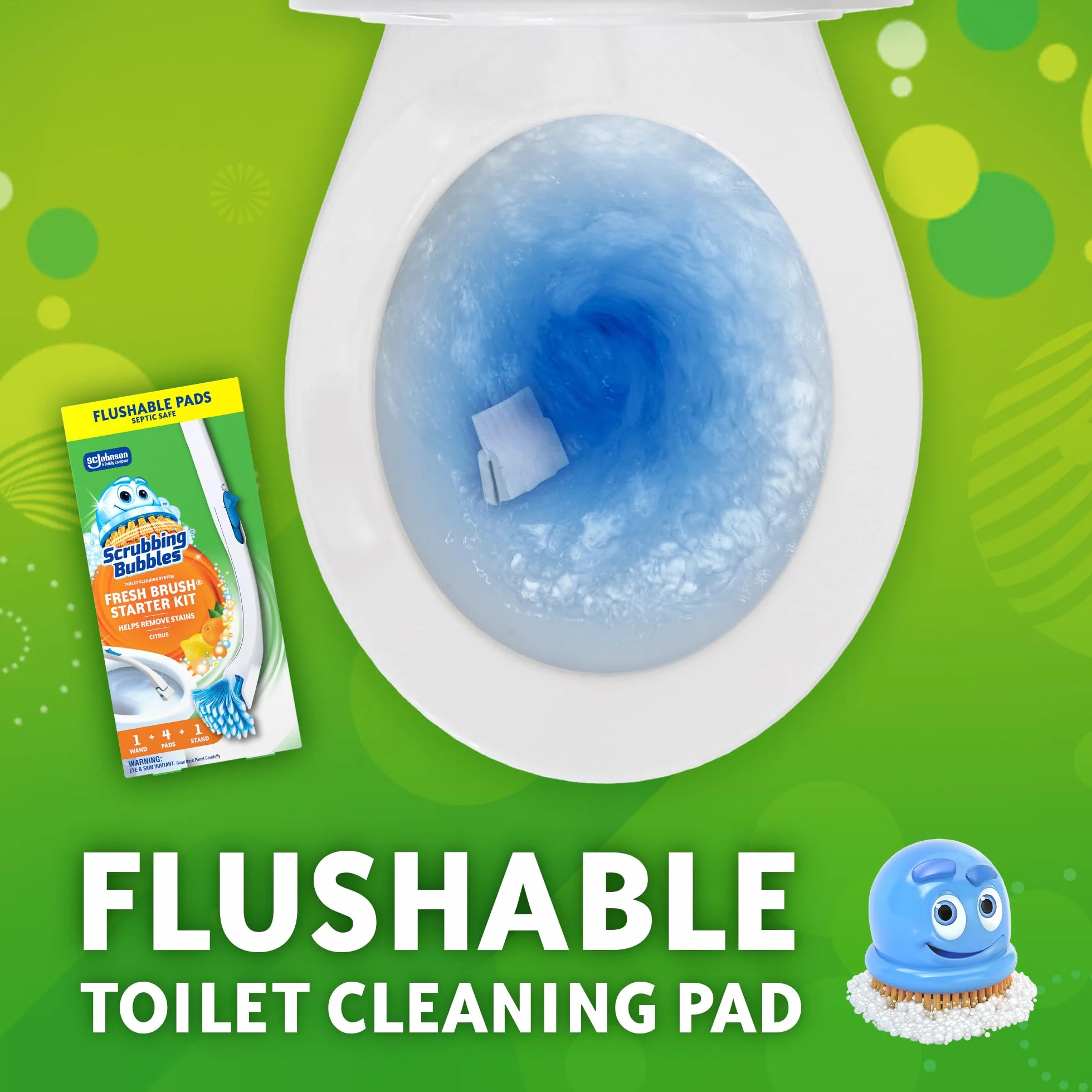 Scrubbing Bubbles Szczotka do muszli klozetowej i uchwyt z wkładkami do czyszczenia, zestaw startowy do czyszczenia różdżki toaletowej, oczyszcza kamień i zwalcza zapachy, cytrusowy zapach, 1 różdżka