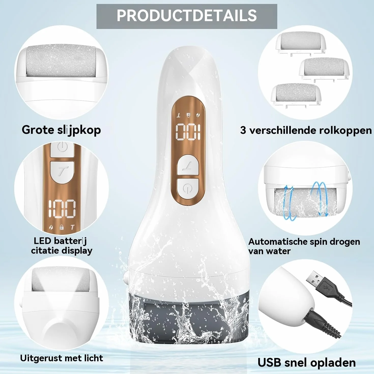 Elektryczny Usuwacz Zrogowaciałej Skóry – Pilnik do Stóp IPX7, Wyświetlacz LCD, 3 Rolki – Callus Remover na Pękające Pięty (Biały)