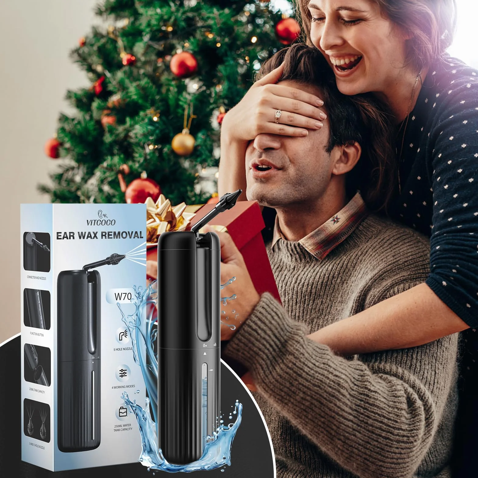 Odkurzacz do uszu Wush, elektryczny odkurzacz do uszu VITCOCO z 10 dyszami, prysznic do uszu z 4 trybami ciśnienia, wodoodporny IPX7, odkurzacz do uszu Wish dla dorosłych i dzieci, czarny