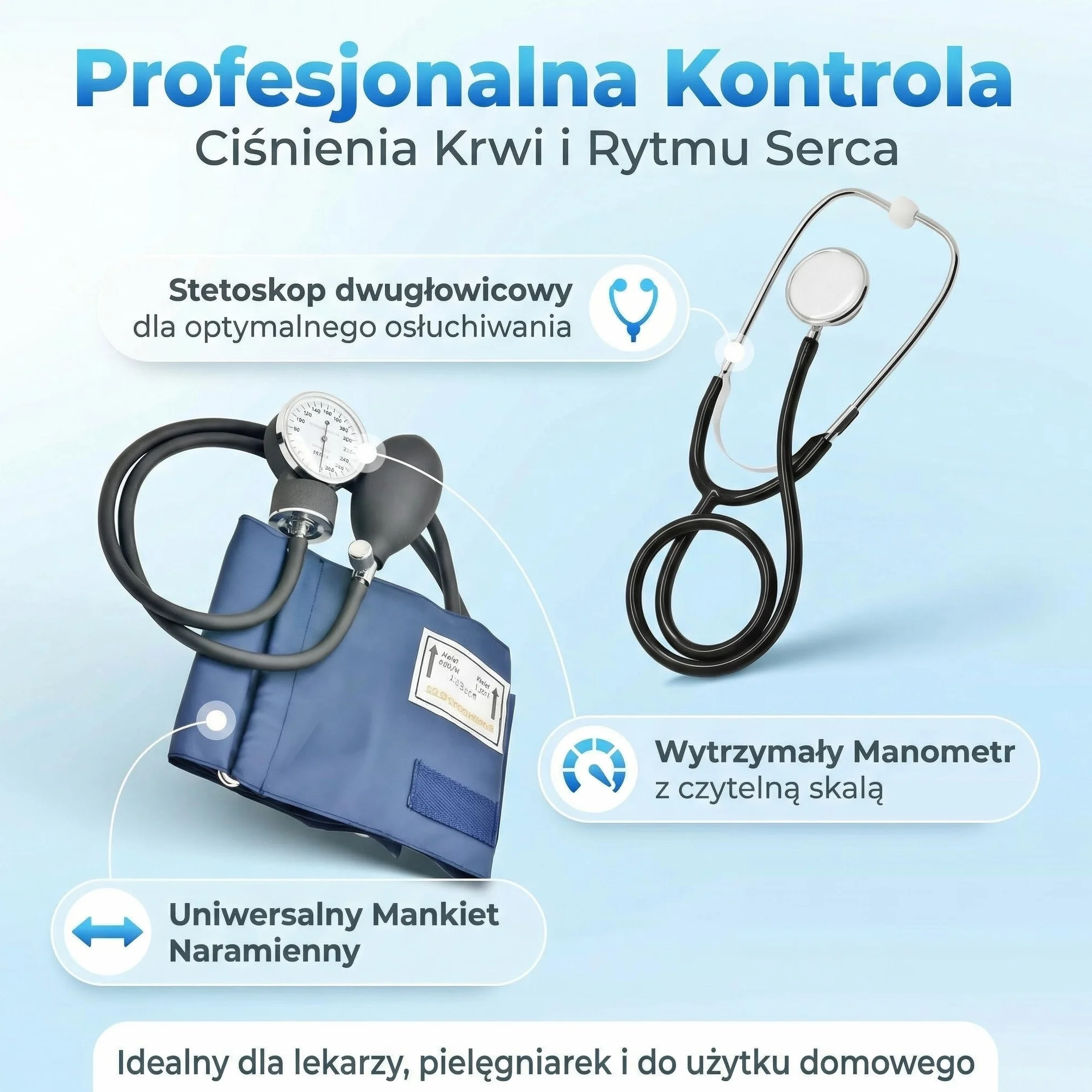 Aneroidalny Sfigmomanometr Ciśnieniomierz z Dwugłowicowym Stetoskopem | Pompką | Manometrem | Mankietem | Torba dla Karetki | Lekarza | Praktyki | Instrukcja Obsługi | Niebiesko Czarny