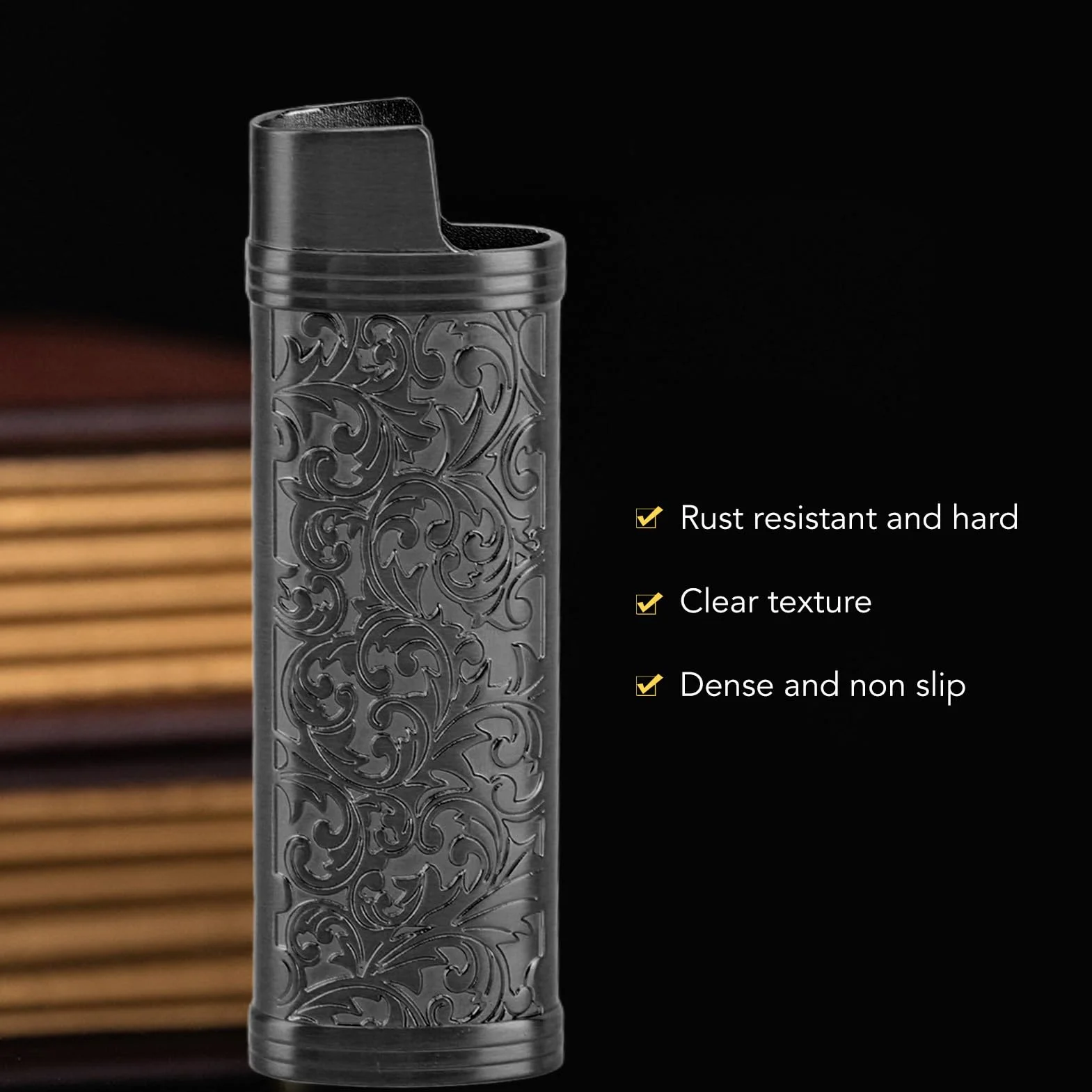 Metalowy Pokrowiec na zapalniczkę, Etui na zapalniczkę z Wytłoczonym Motywem Kwiatowym w Stylu Vintage, Konstrukcja ze Stopu Cynku Zapewniająca lżejszą ochronę (BLACK)