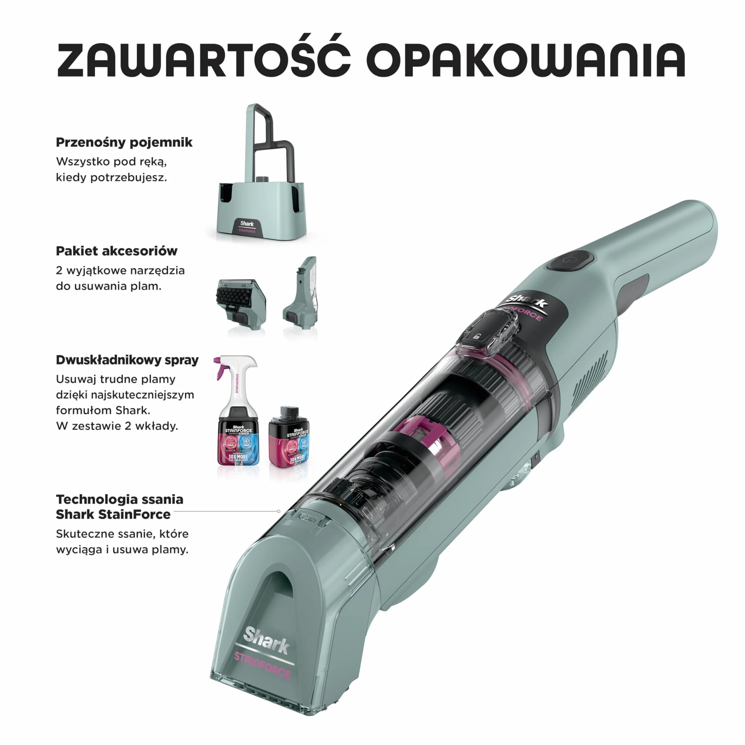 Shark StainForce Lekkie i przenośne urządzenie do usuwania plam i zabrudzeń z dywanów, chodników, tapicerki, schodów, z pojemnikiem, akcesoriami i środkiem czyszczącym (2 szt.), HX100EUCP