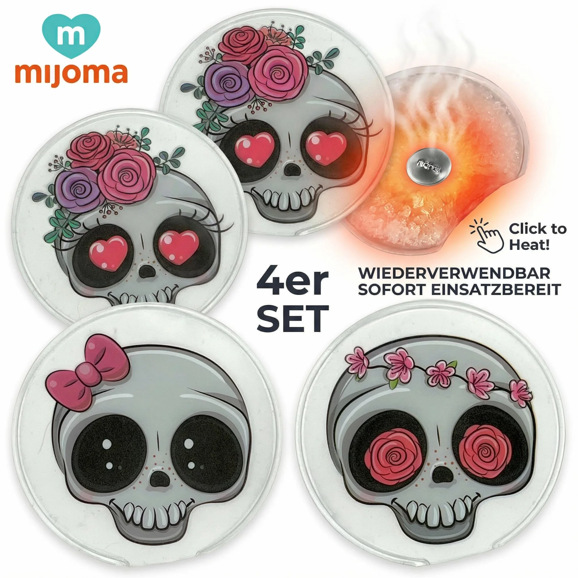MIJOMA 4-częściowy zestaw ogrzewaczy do rąk, ogrzewacze do kieszeni wielokrotnego użytku z funkcją klikania, gotowe do użycia, na zimę, na zewnątrz, jako prezent