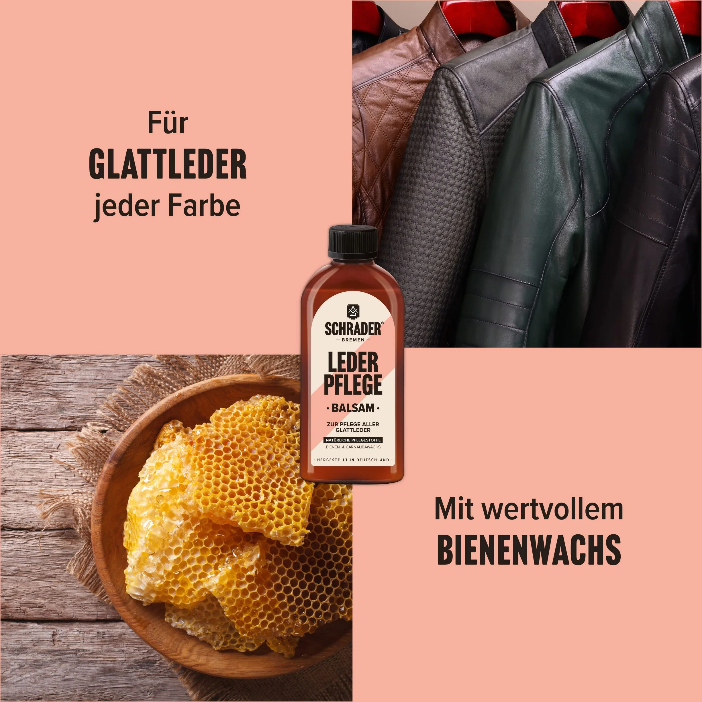 SCHRADER 3-częściowy zestaw do pielęgnacji skóry – środek do czyszczenia, balsamu i ściereczki do polerowania – neutralny kolor – meble skórzane i odzież skórzana, 3-częściowy – Made in Germany