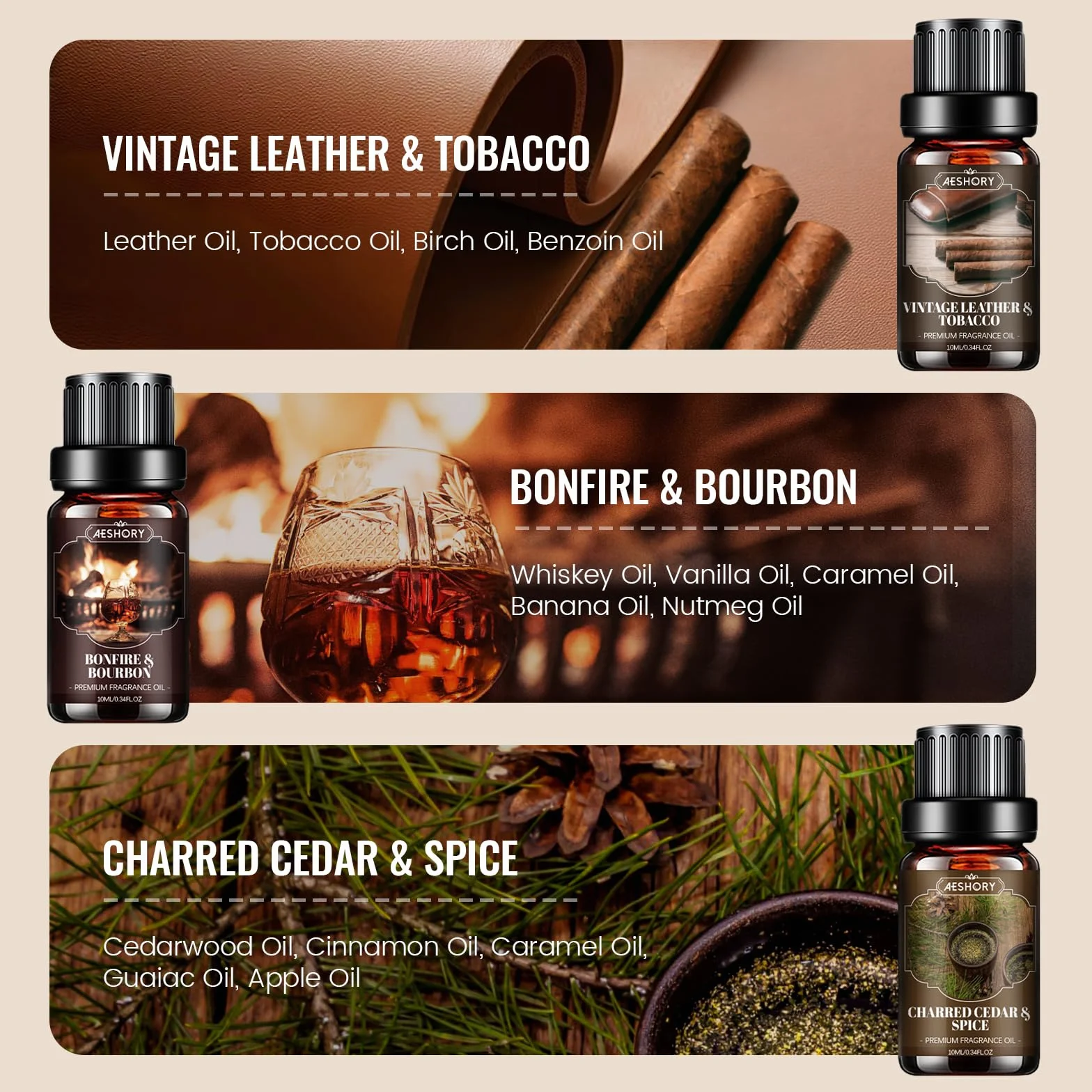 AESHORY 6 x 10ml Zestaw Olejków Eterycznych Dla Mężczyzn, Naturalny Olejek Do Dyfuzora Zapachowego, Olejki Zapachowe Do Nawilżaczy Powietrza, Wyrobu Świec I Perfum
