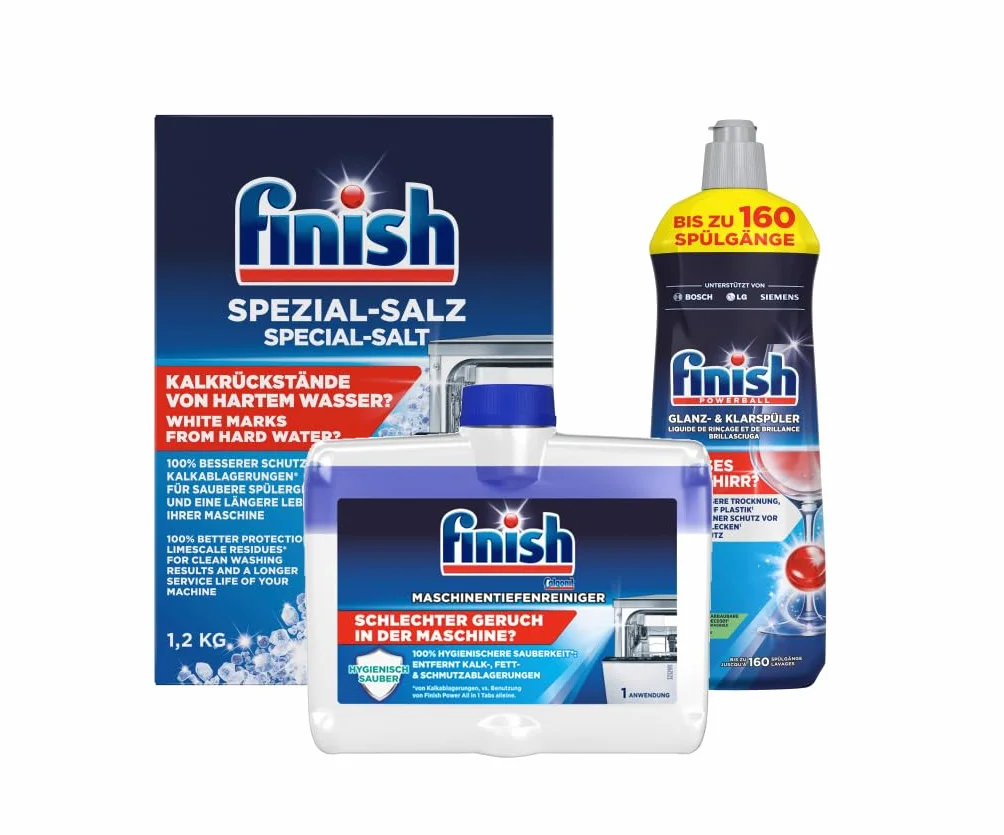 Finish Zestaw do pielęgnacji zmywarki – płyn nabłyszczający 800 ml, specjalna sól 1,2 kg, głęboki środek czyszczący 250 ml