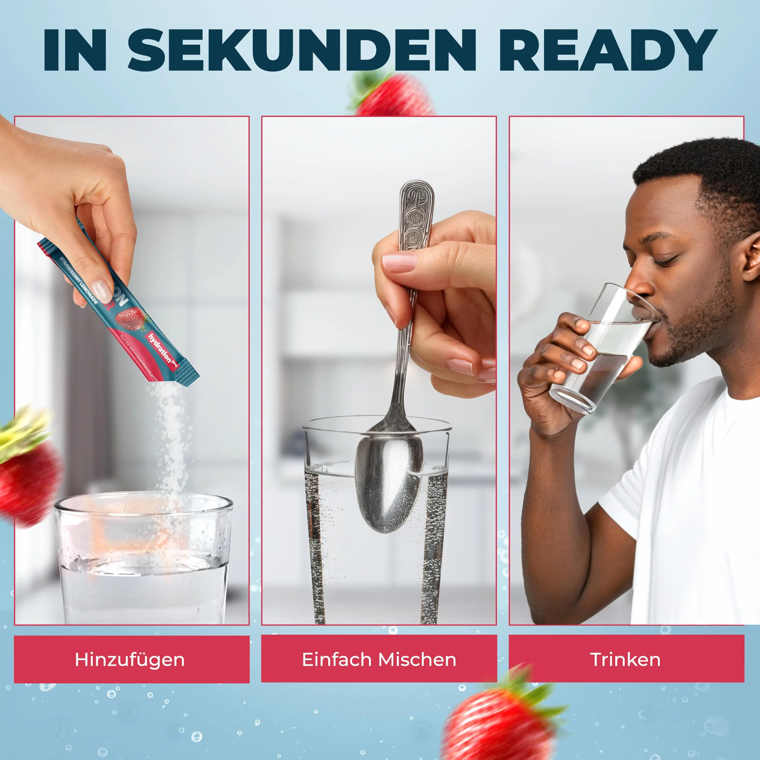 Proszek elektrolitowy 30 saszetek z witaminami, Elektrolity wegański, smak truskawkowy HydrationPro®