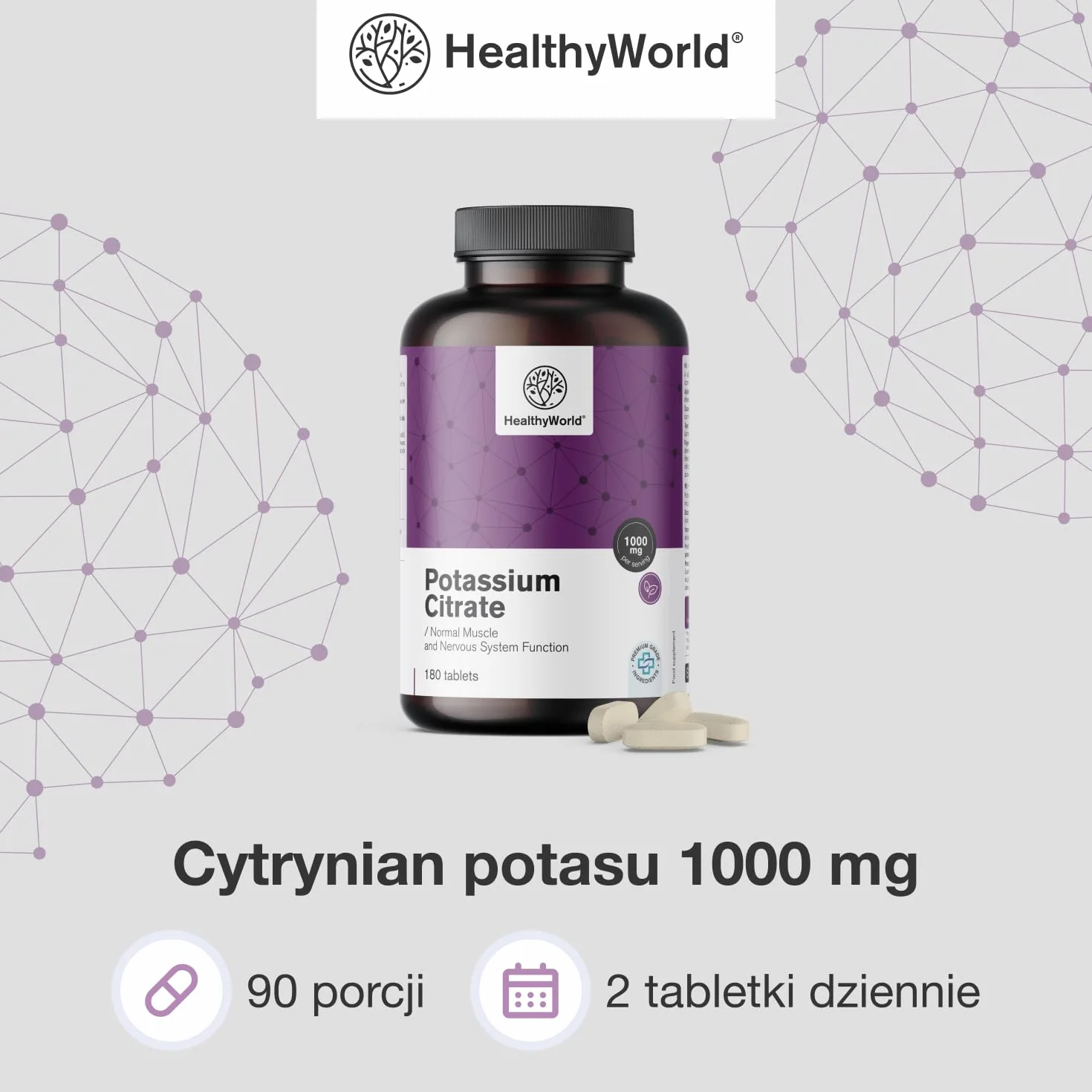 HealthyWorld Cytrynian potasu 1000 mg 180 tabletek – Wsparcie dla mięśni, układu nerwowego i ciśnienia krwi