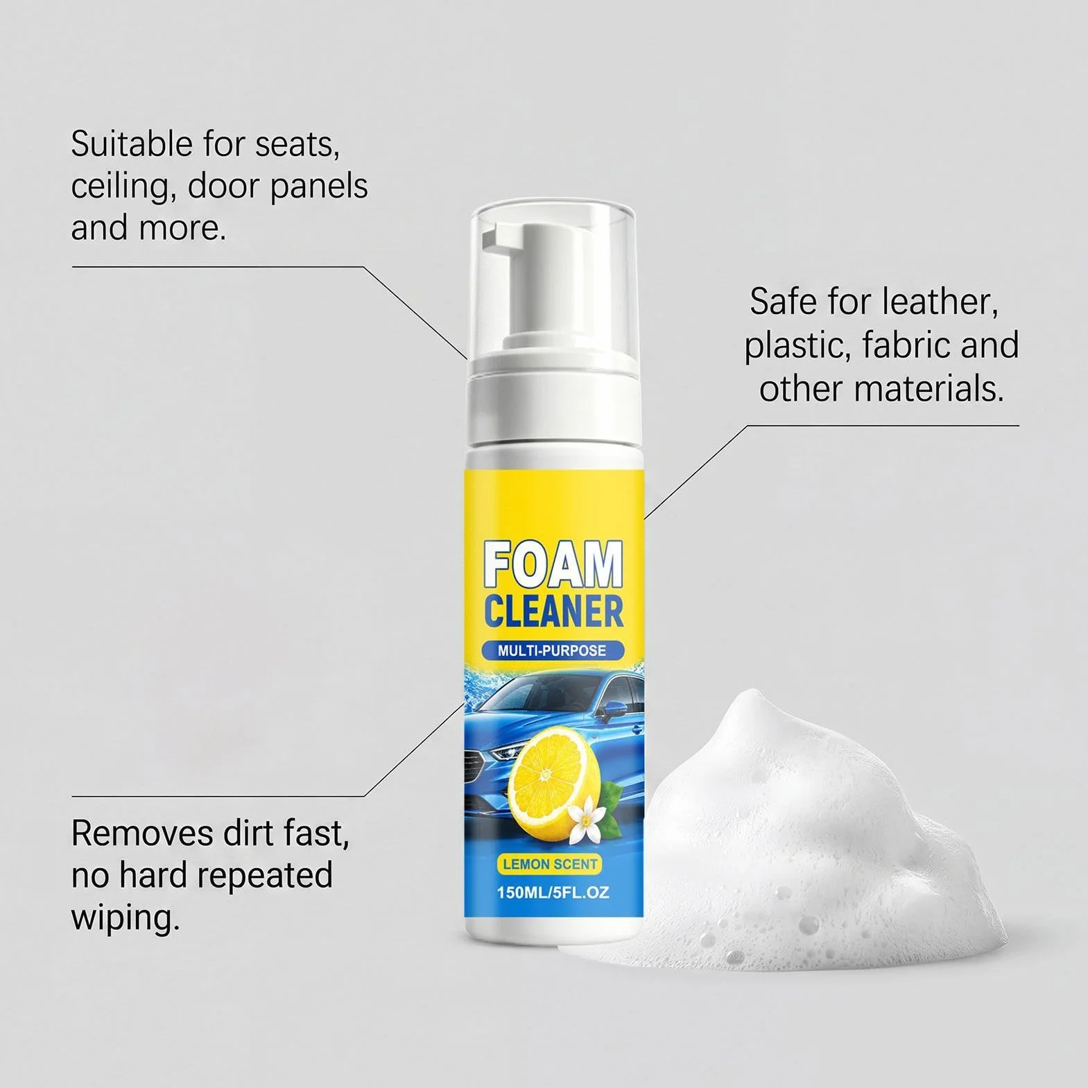 Multi Purpose Foam Cleaner, Upholstery Cleaning Spray 150 ml, All Deep Foam for Bathroom Kitchen Car Interior Countertop Toilet Furniture Use, Strong Stain Removal, Home Care Cleaning Solution
