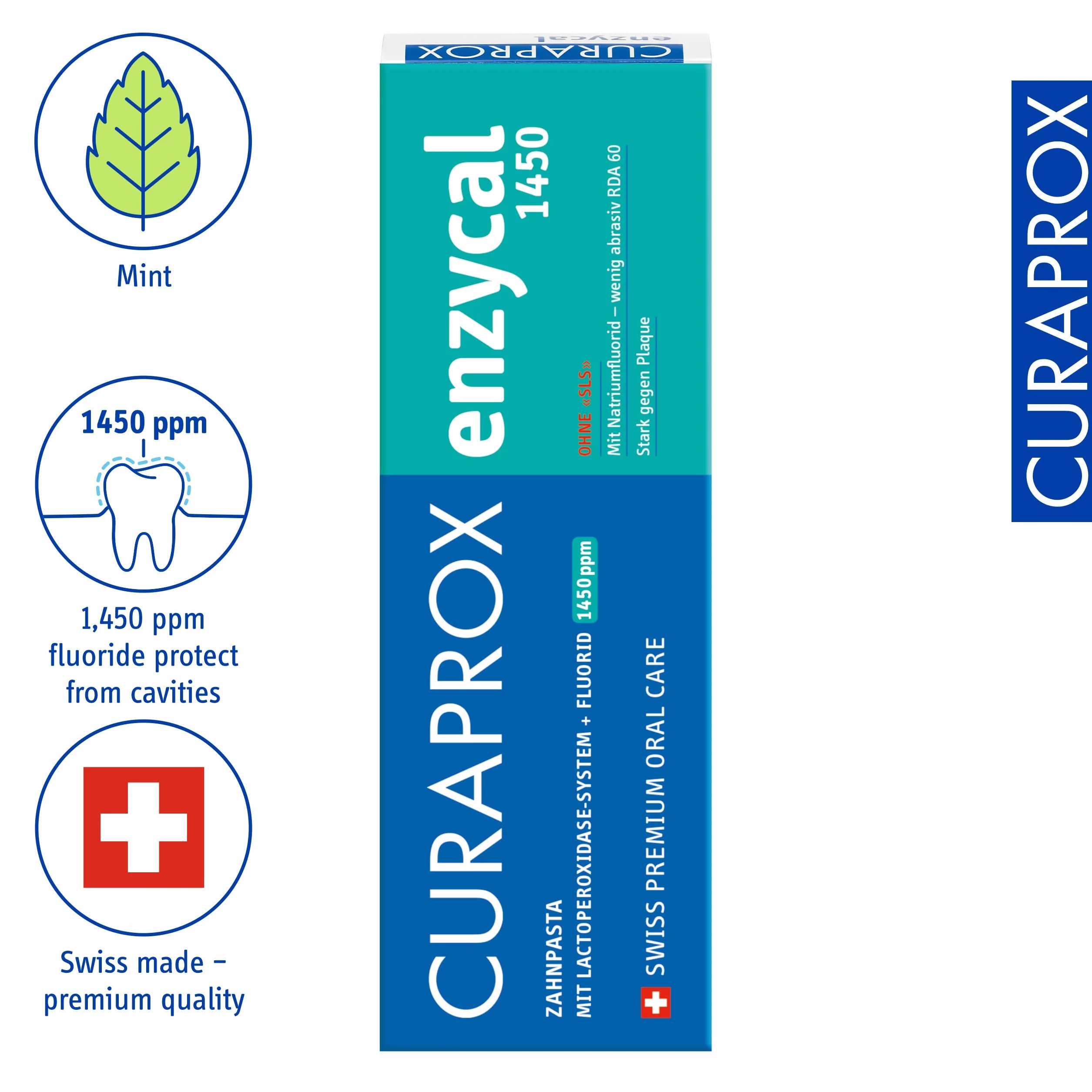 Curaprox Pasta do zębów Enzycal 1450 – Pasta do zębów z fluorem i enzymami do codziennej pielęgnacji jamy ustnej | Wspiera ochronę przed próchnicą | Bez SLS, 75 ml | Wyprodukowano w Szwajcarii