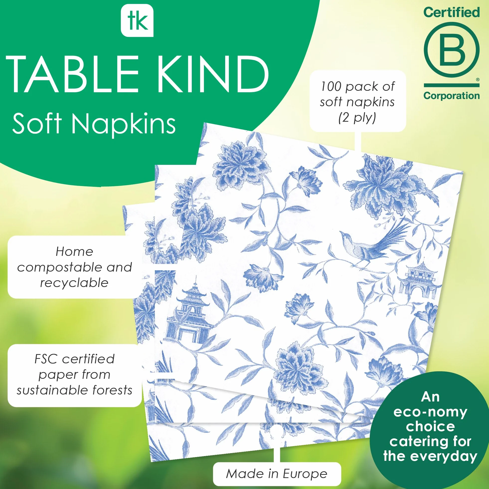 Talking Tables 100 szt. Chinoiserie niebieskie miękkie papierowe serwetki na urodziny, wesele, Boże Narodzenie, catering, naczynia, jednorazowe, nadające się do recyklingu, wyprodukowane w UE,