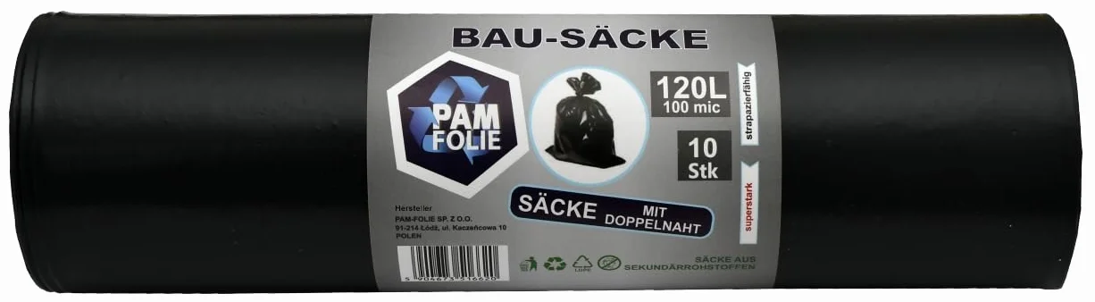 Worki na śmieci 120L - 10 sztuk - Bardzo grube, wytrzymałe worki na śmieci, Professional - 110x70cm - 100µm - czarne worki na śmieci - worki na gruz - worki na odpady gruzowe