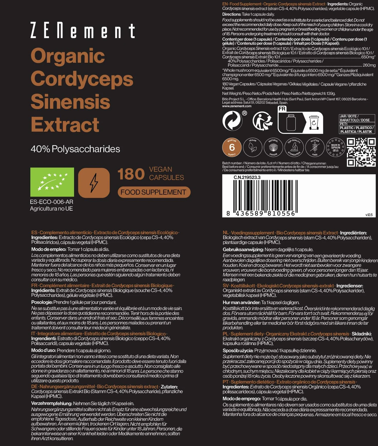 Organiczny Ekstrakt z Cordyceps sinensis, 40% Polisacharydów, 180 kapsułek wegańskie | Organiczny, Wegańska, Bez Glutenu, Bez Dodatków, Bez GMO | Zenement