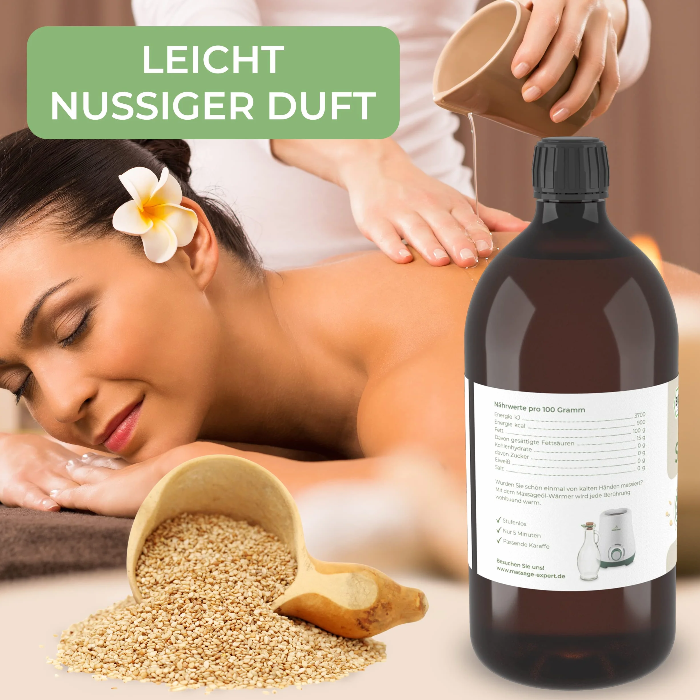 MASSAGE-EXPERT Ekologiczny olej sezamowy, tłoczony na zimno – dojrzały olejek bazowy do masażu, Ayurveda, pielęgnacji skóry i pielęgnacji włosów [1 litr z zamknięciem natryskowym]