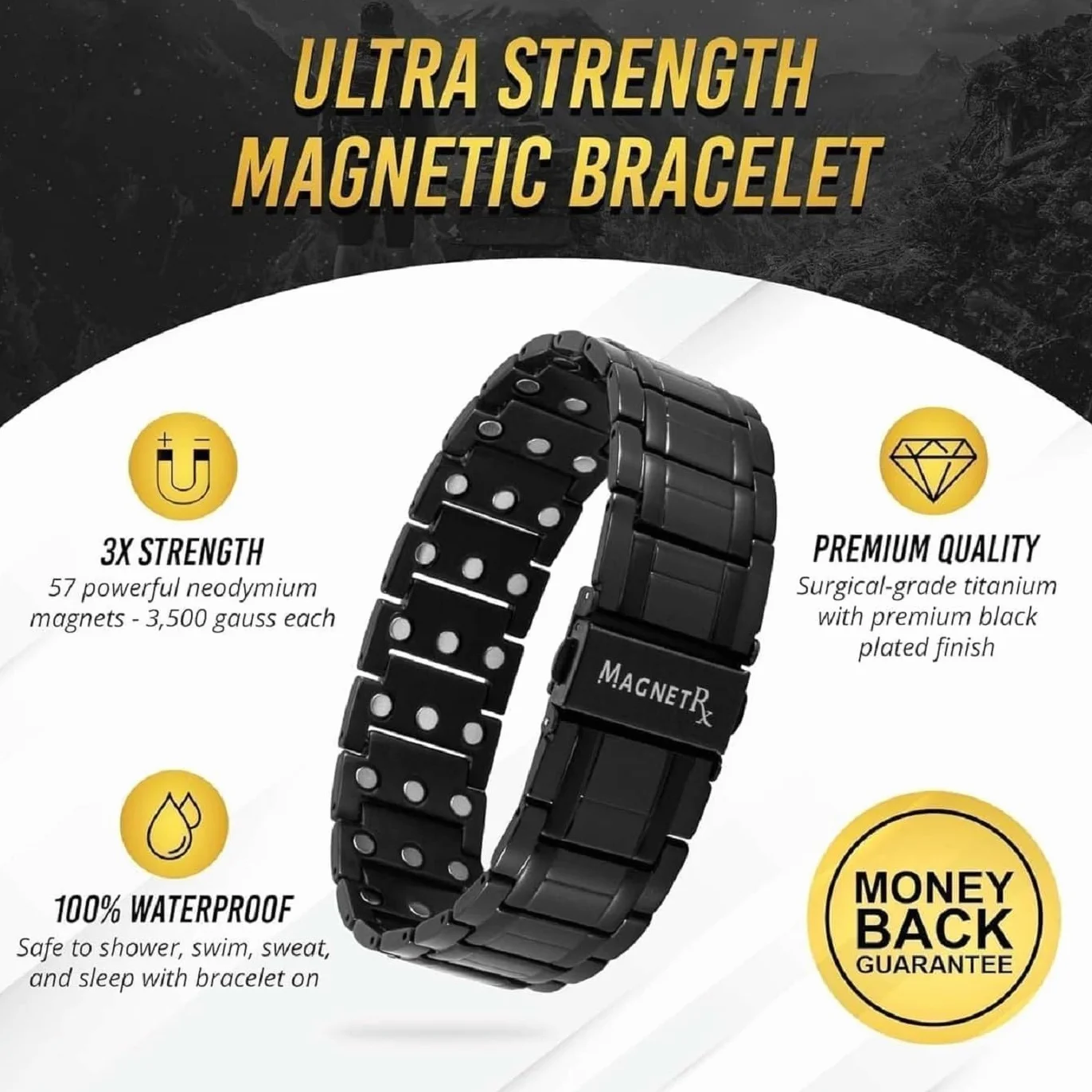 MagnetRX® Bransoletka Magnetyczna 3X dla Mężczyzn – Tytanowa Bransoletka z Magnesami – Regulowana Długość, Zapięcie na Zatrzask, Narzędzie do Dopasowania i Pudełko Prezentowe (Czarna)