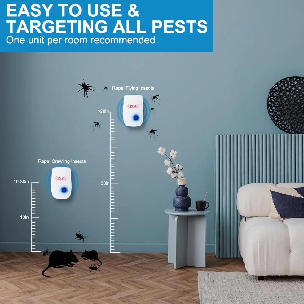 AOOWU Ultradźwiękowy odstraszacz szkodników, 6 sztuk ultradźwiękowy odstraszacz myszy i Pest Control Repeller, elektroniczne środki ochrony przed owadami na myszy, komary, muchy, pająki, karaluchy