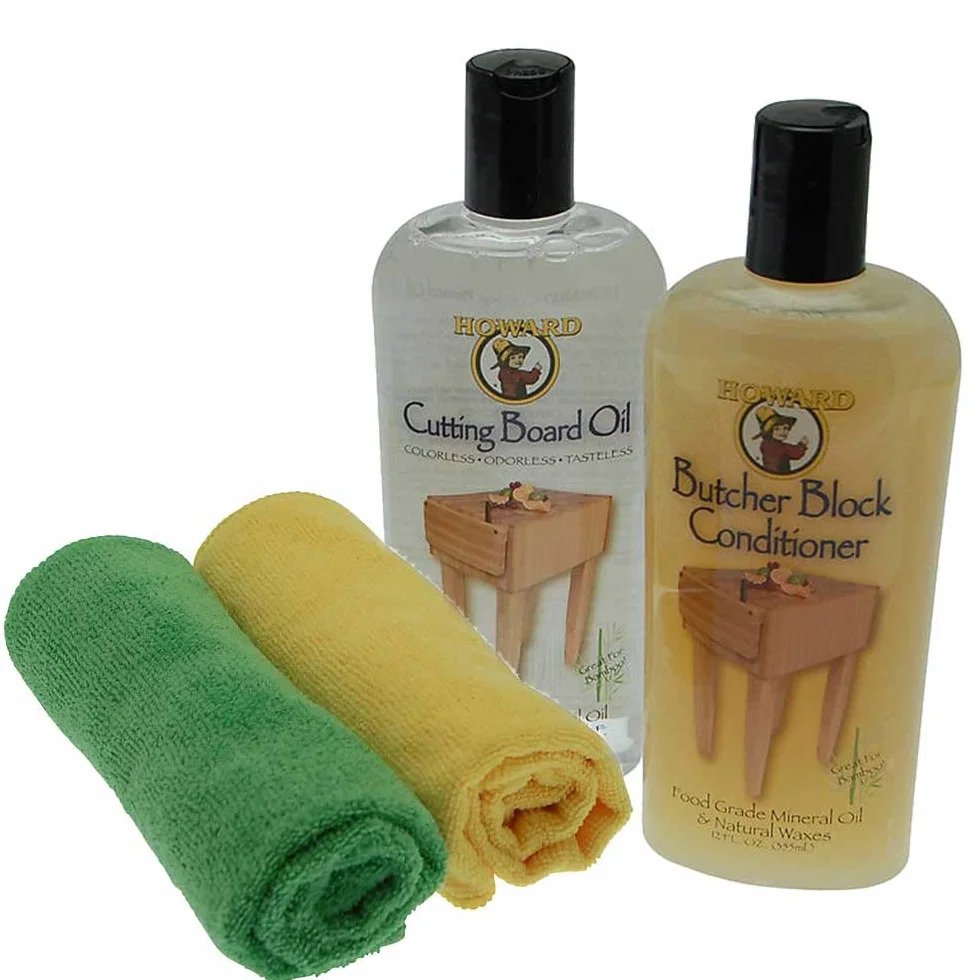 Howard Olej do krojenia i odżywka Howard Butcher Block (355 ml) ze ściereczką do stosowania na blokach rzeźniczych, deskach do chleba, deskach do krojenia i drewnianych narzędziach kuchennych