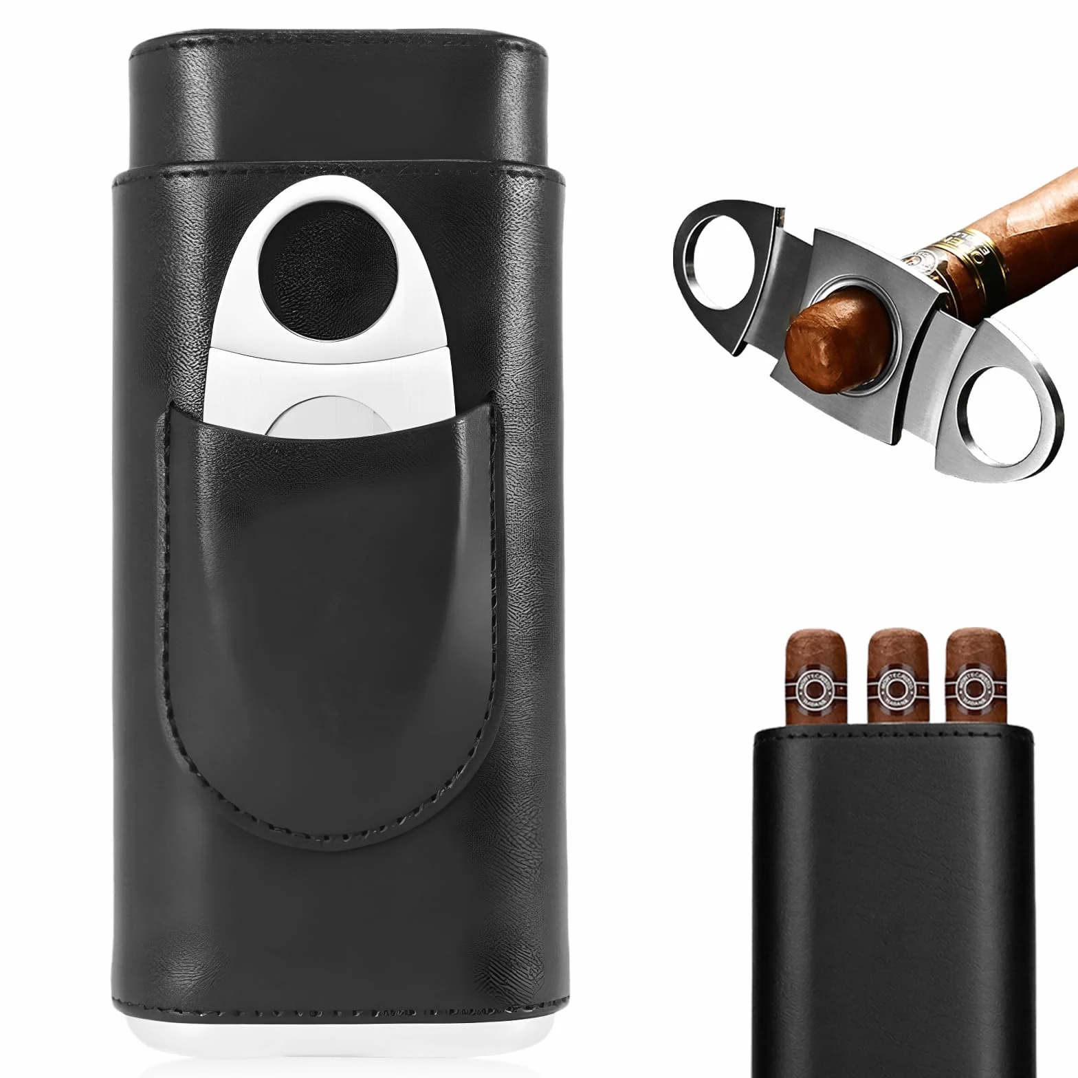 SUNOYA Etui na cygara na 3 cygara, skórzane etui na cygara, skórzane etui z przecinakiem do cygar, przenośne etui na cygara, na podróż, krótkie wypady, prezent dla mężczyzn (Noir)