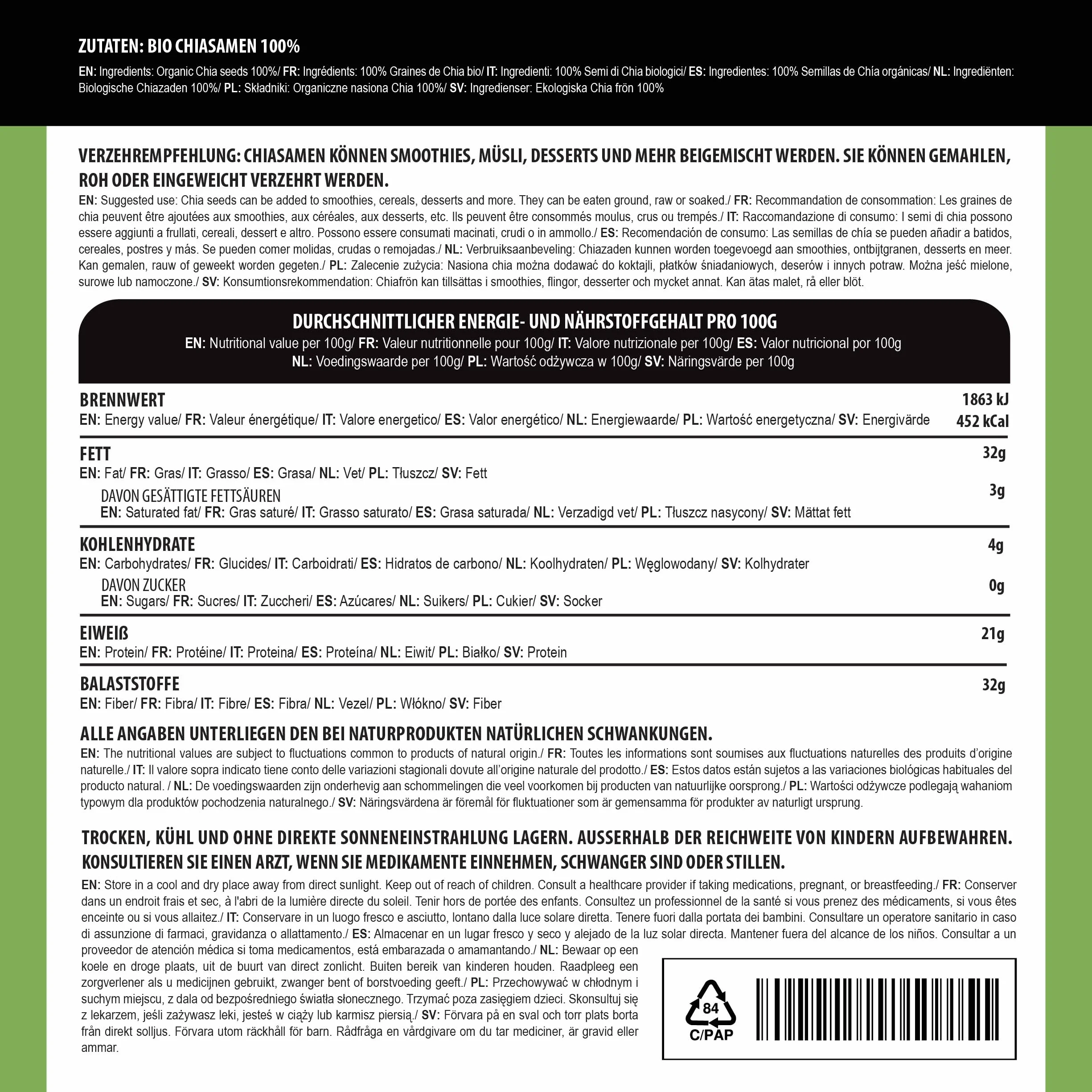 Alpi Nature Ekologiczne Nasiona Chia 500g, Całe Czarne Nasiona Chia do Smoothie, Jogurtu i Musli