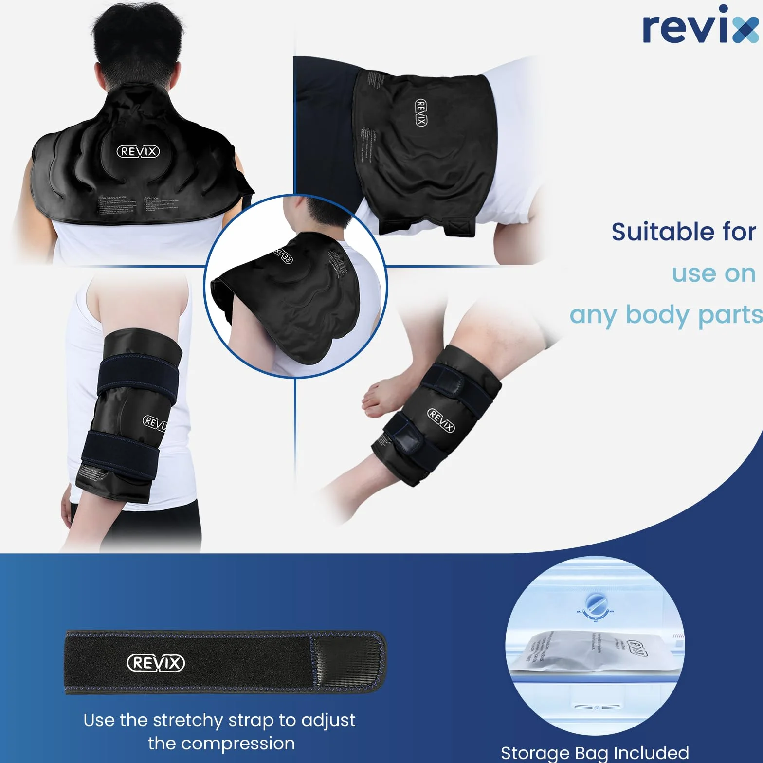 REVIX 50 cm XXXL Ice Pack na kolana wielokrotnego użytku, opaska na kolano z kompresją na zimno, na zapalenie stawów, rozdarcie łąkotki i ACL, żel do terapii zimnej, do operacji wymiany kolana