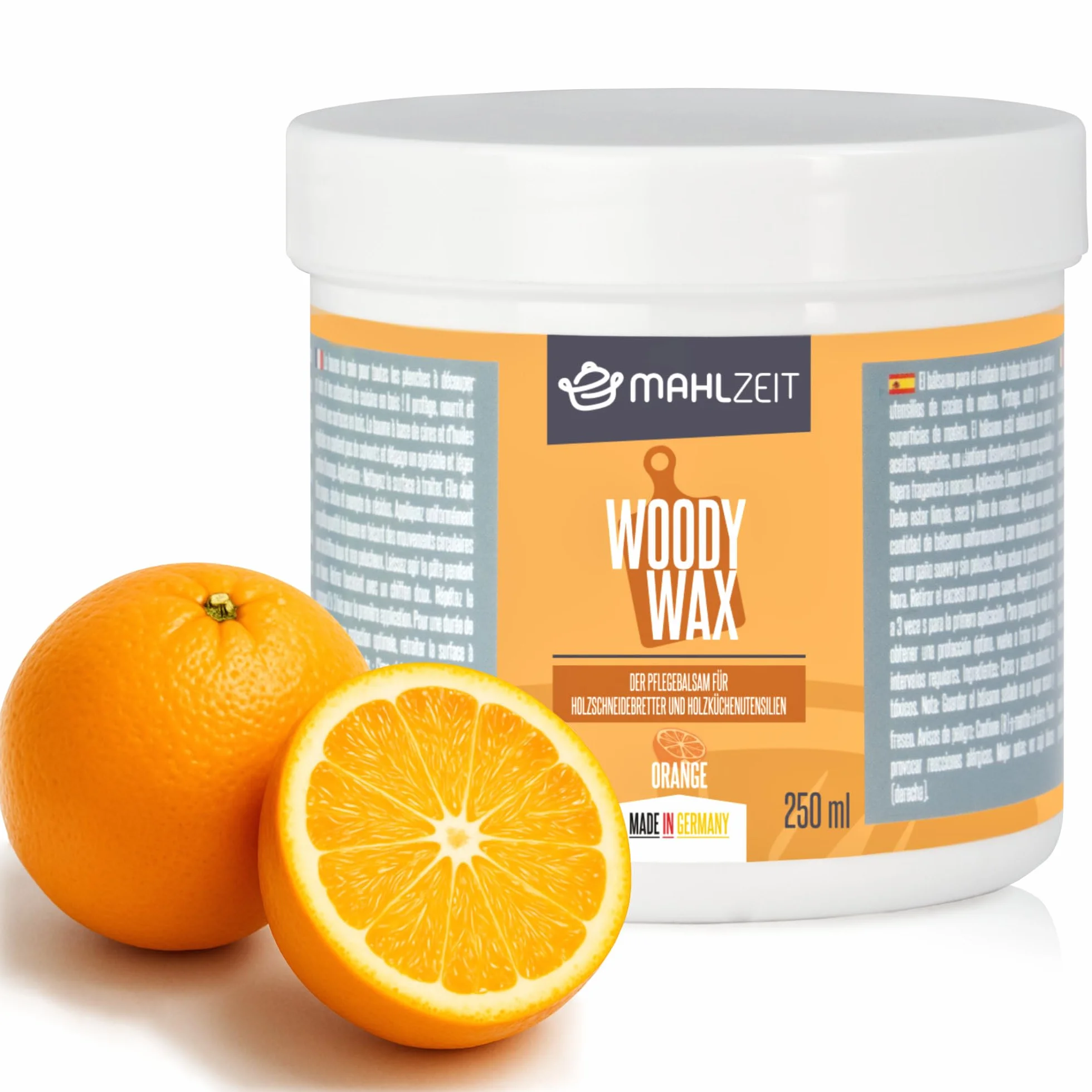 Mahlzeit Woody Wax Orange wosk do pielęgnacji drewna z wosku pszczelego do desek do krojenia | 250 ml | 100% naturalny | wosk do drewna do desek do krojenia, blatów roboczych, akcesoriów kuchennych |