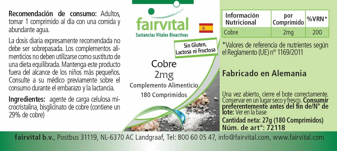 Fairvital | Miedź 2mg – 180 tabletek – bisglicynian miedzi – sprawdzona jakość i wysoka dawka – 100% wegański – wyprodukowany w Niemczech