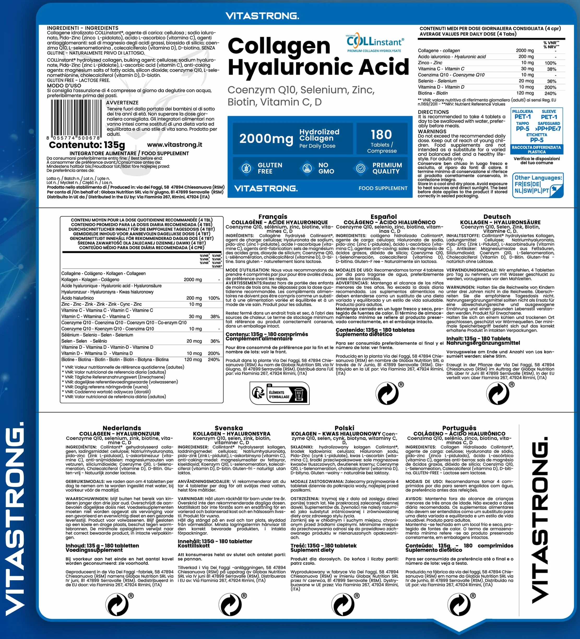 Vitastrong Hydrolizowany Kolagen 2000MG COLLinstant® Kwas Hialuronowy Biotyna Koenzym Q10 Cynk Selen Witamina C Witamina D