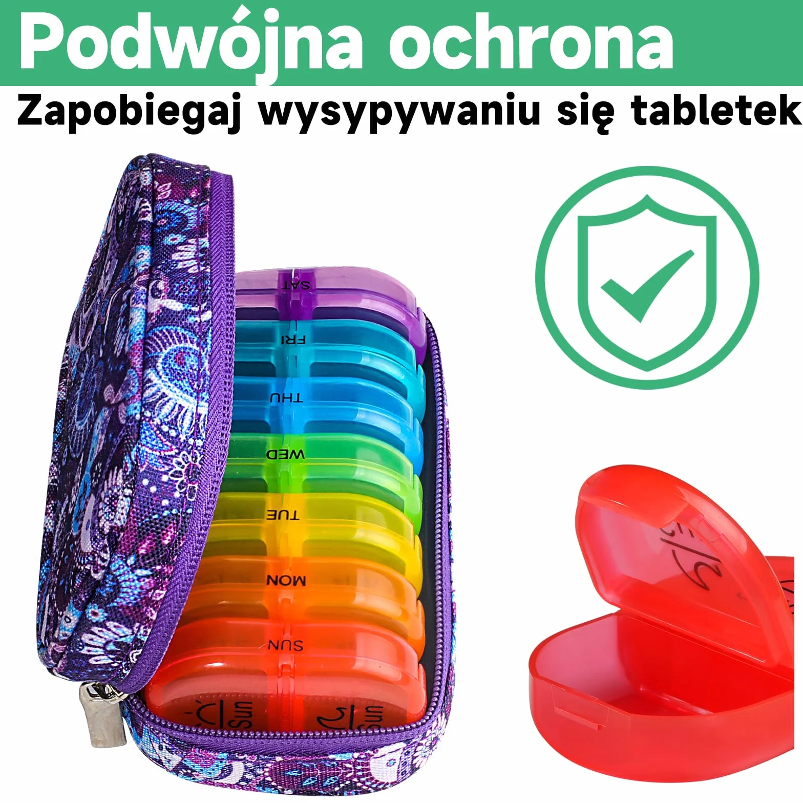 Serfeymi Organizer na Tabletki na 7 Dni, 2 Razy Dziennie Rano i Wieczorem Tęczowe Pojemnik na Leki z Przenośnym etui na Płótno Zamek Błyskawiczny Idealny na Tabletki, Olej Rybny, Witaminy-Fioletowy 01
