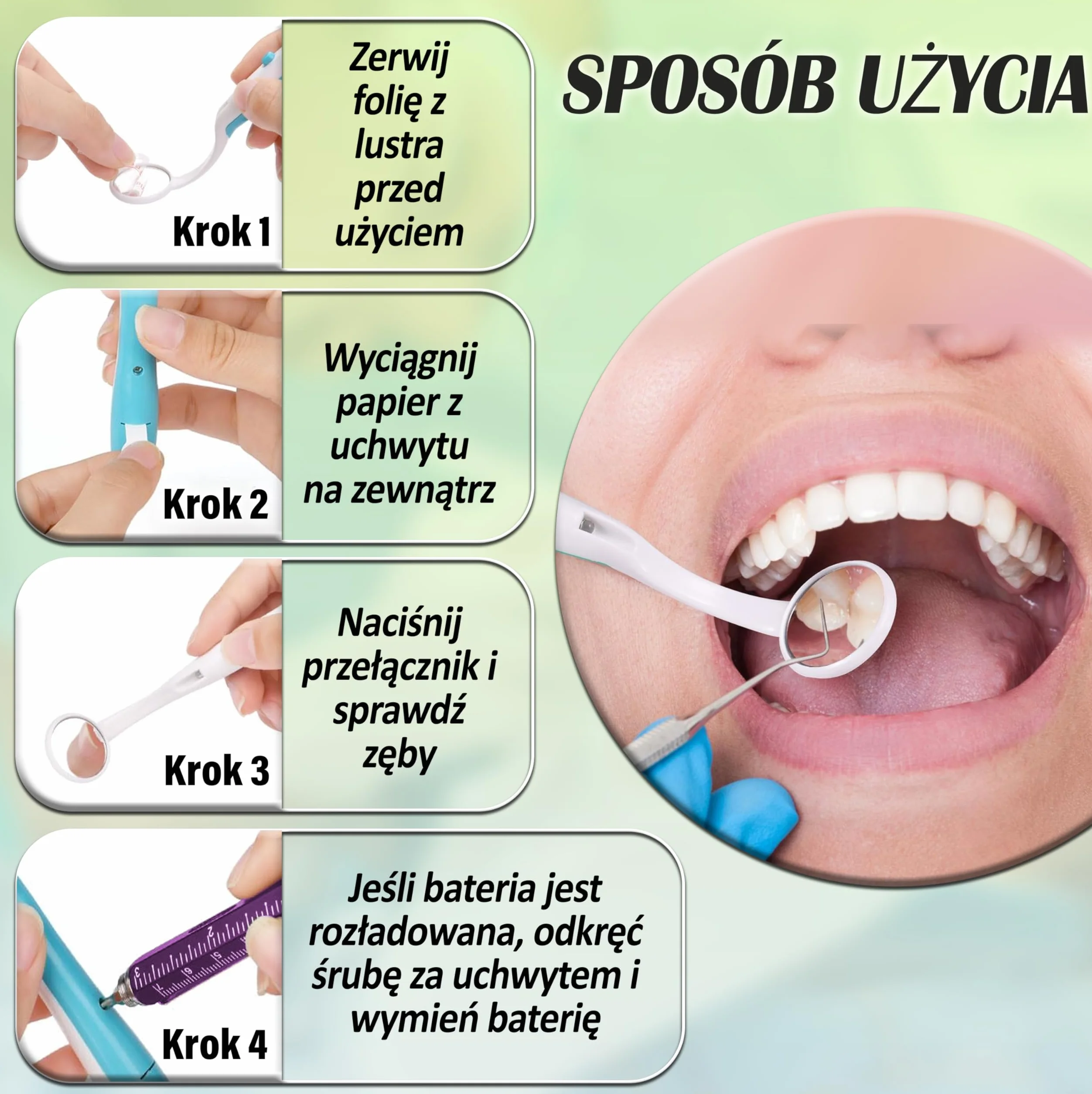 ARSUK Lusterko dentystyczne ze światłem przeciwmgielnym, lusterko dentystyczne LED do kontroli zębów, pielęgnacja jamy ustnej, 5,90 cala (15 cm) niebiesko-zielone opakowanie 2 szt.