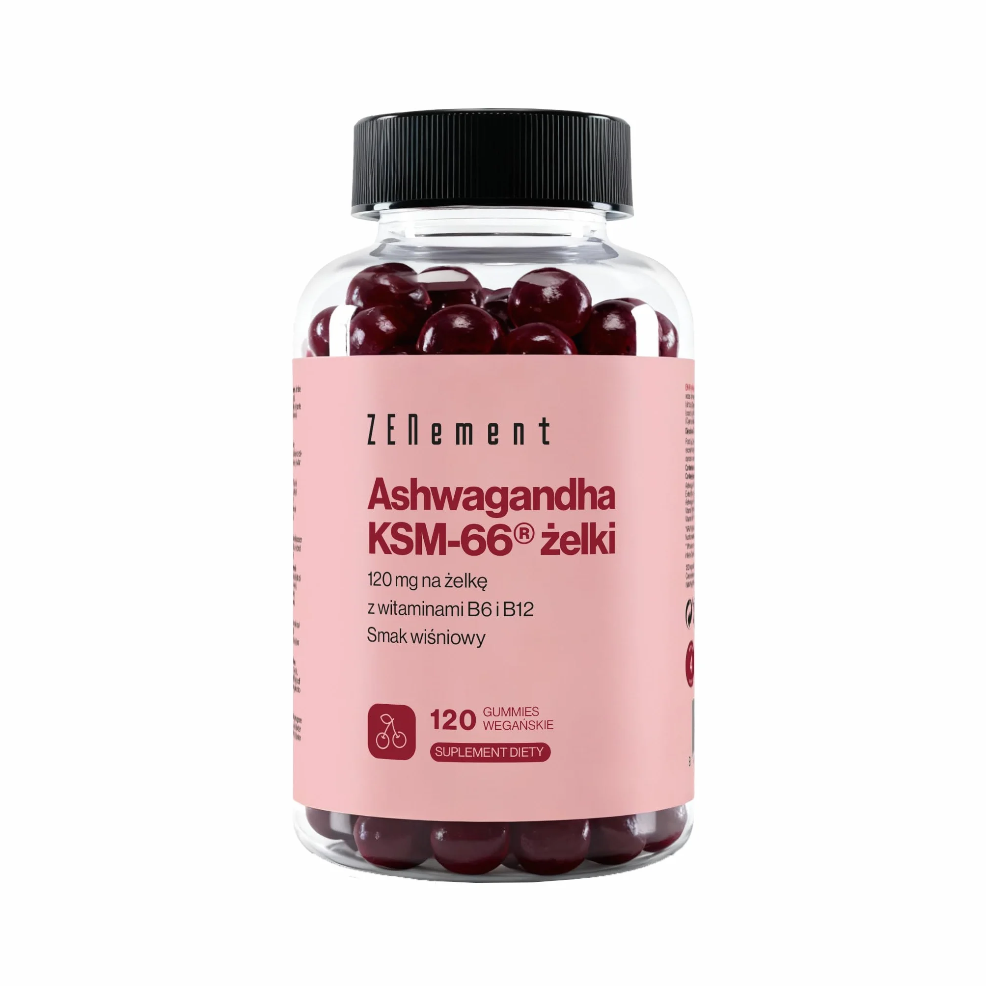 Żelki z Ashwagandhą KSM-66® z Witaminami B6 i B12 – 1500 mg Korzenia (120 mg Ekstraktu w Żelku) – 120 Wegańskich Żelków o Smaku Wiśniowym – 4 Miesiące Suplementacji – Zenement
