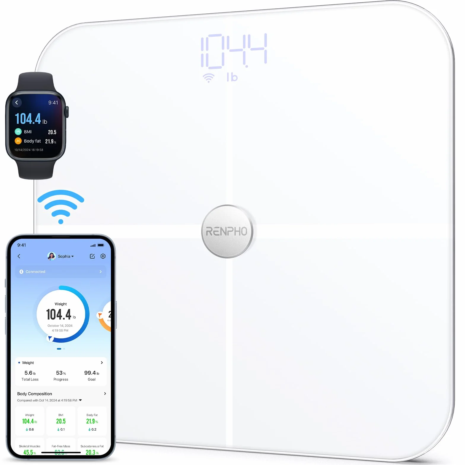 RENPHO Wi-Fi Waga tkanki tłuszczowej Skala składu ciała Bluetooth Inteligentna cyfrowa waga łazienkowa z aplikacją na smartfona, ITO White